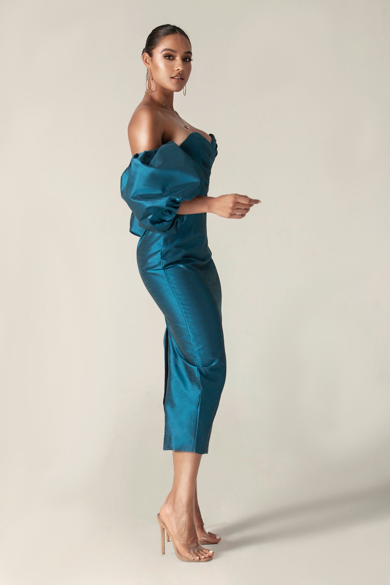 Tiffany Dupioni Puff Sleeve Maxi Dress (Royal Blue)