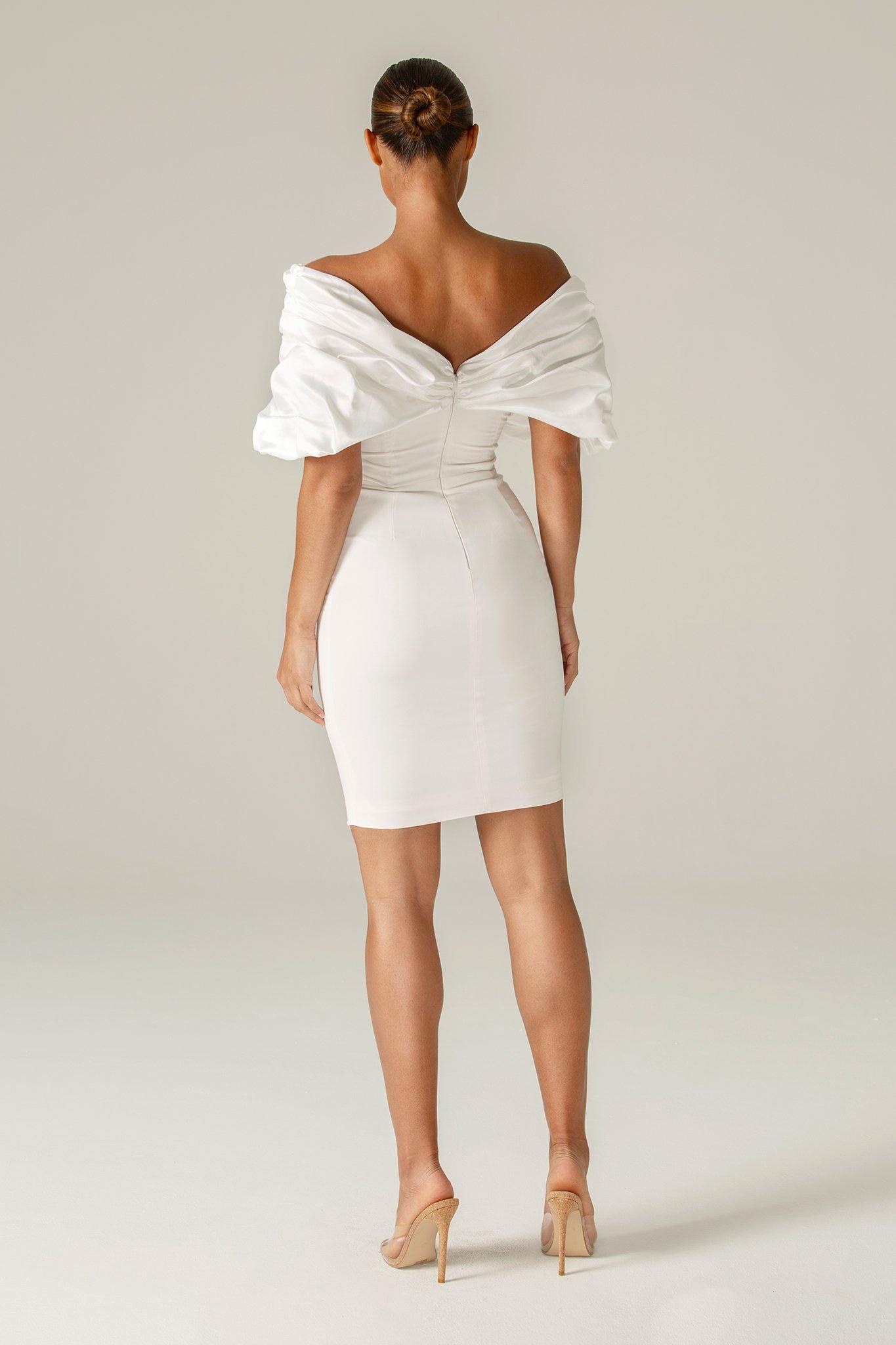 Maribel Crepe Ruffle Shoulder Dress (White)