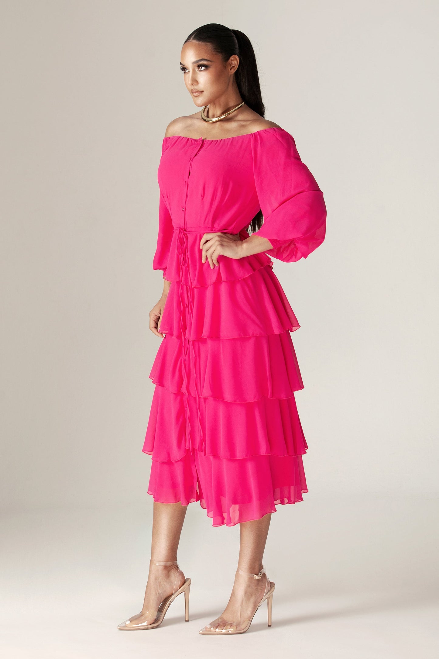 Dorra Floral Chiffon Dress (Hot Pink)