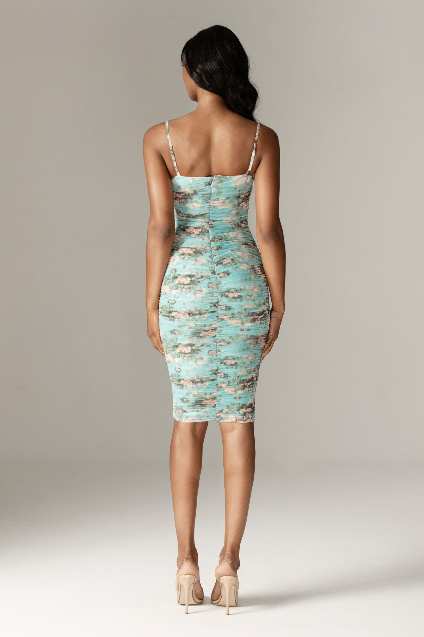 Luisa Ruched Organza Mesh Midi Dress (Floral Print)