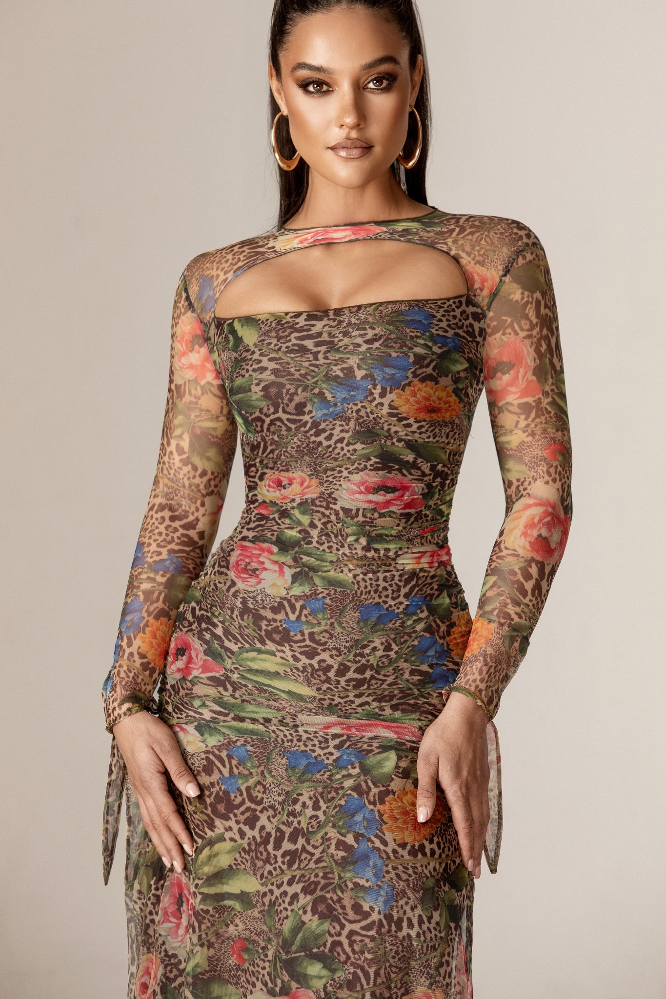 Noelle Mesh Cutout Midi Dress (Leopard's Peony)