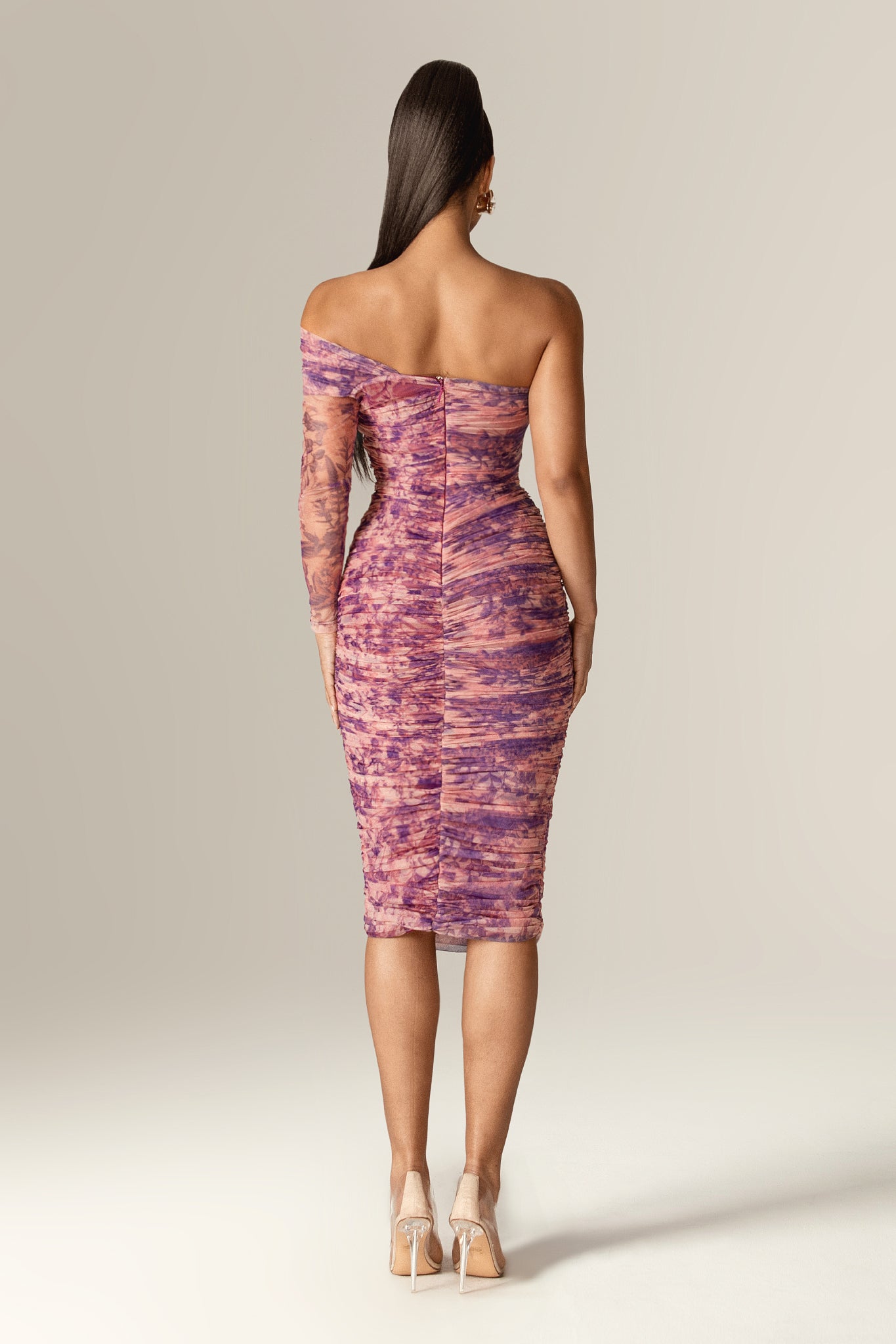 Heather One-Shoulder Mesh Midi Dress (Floral Abstract)