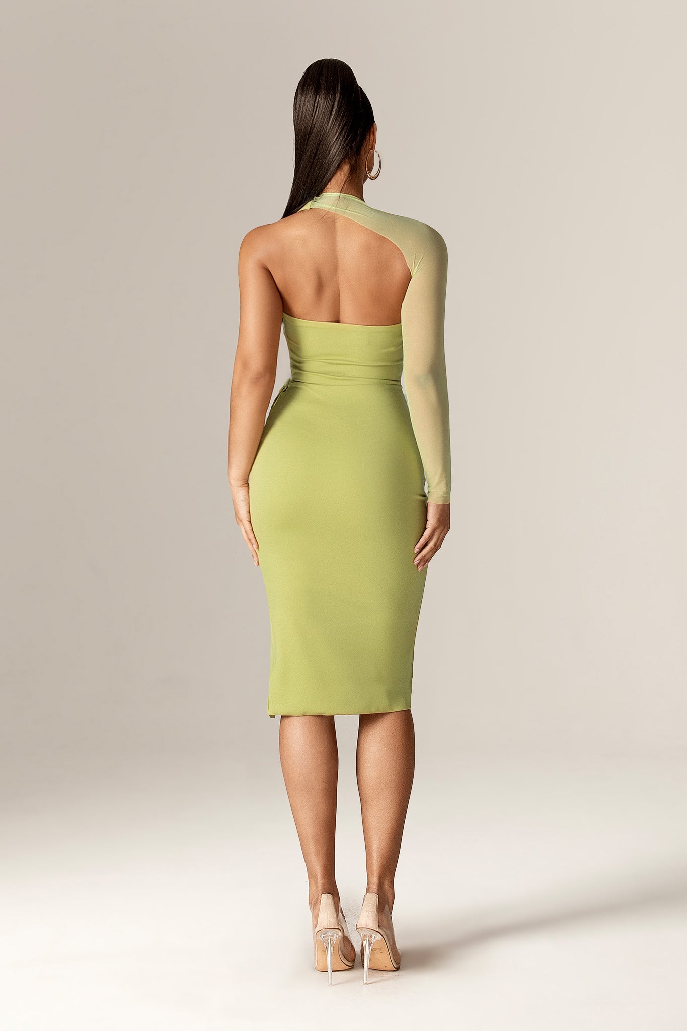 Oksana One Shoulder Ponte Midi Dress (Lime Green)