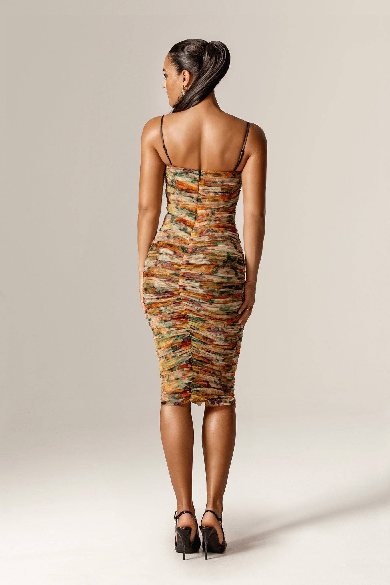 Toira Ruched Mesh Midi Dress (Sunburst Floral)