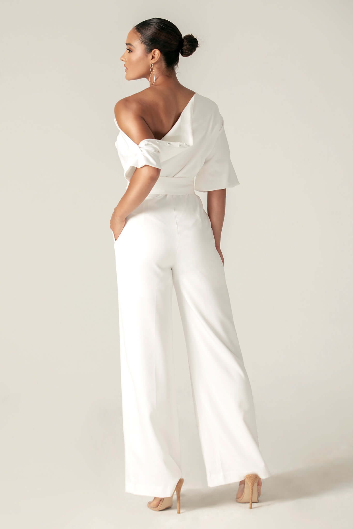 Ana Off Shoulder Belted Jumpsuit (Off White)