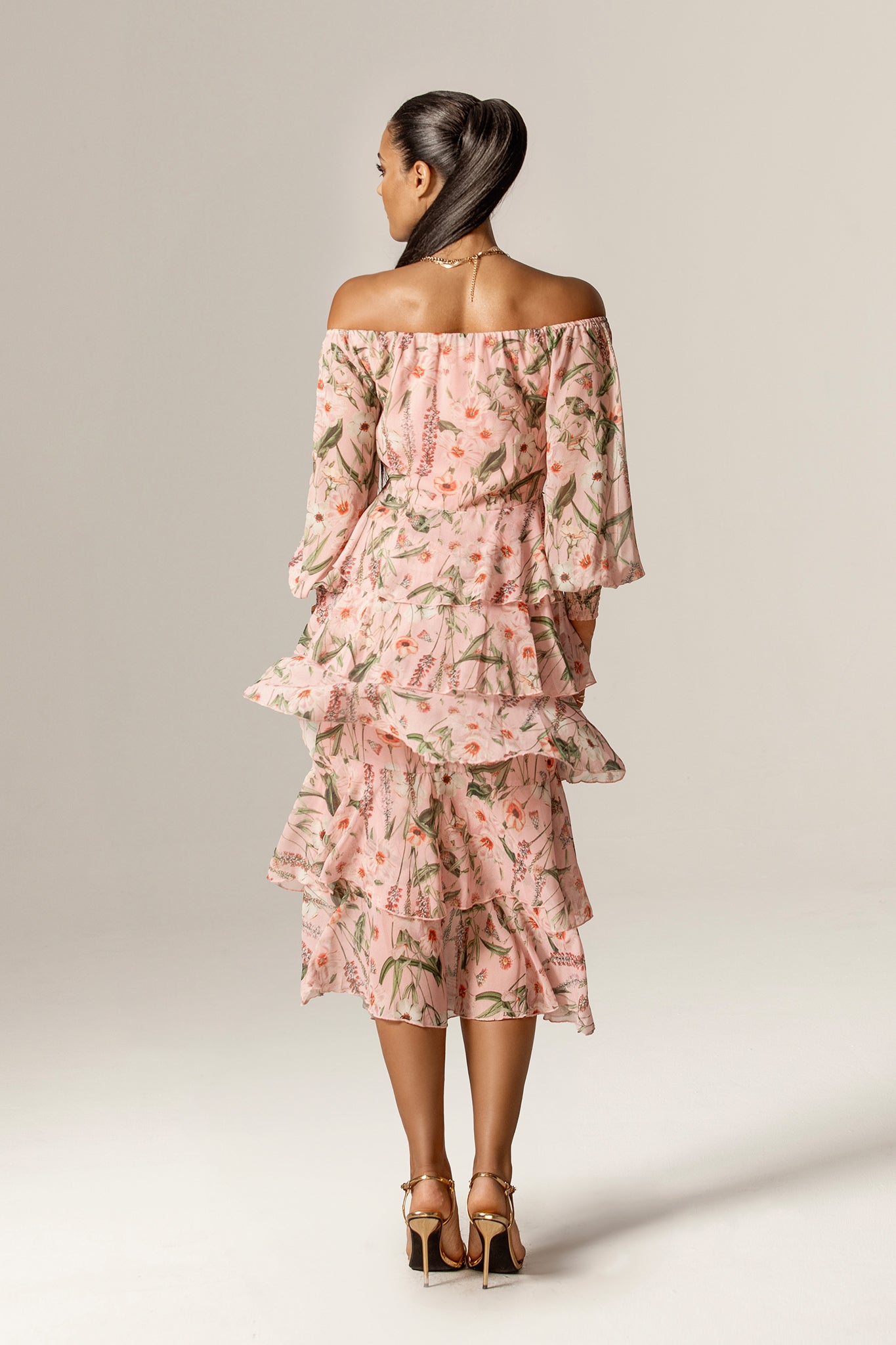 Dorra Off-Shoulder Floral Georgette Chiffon Midi Dress (Rosy Meadow)