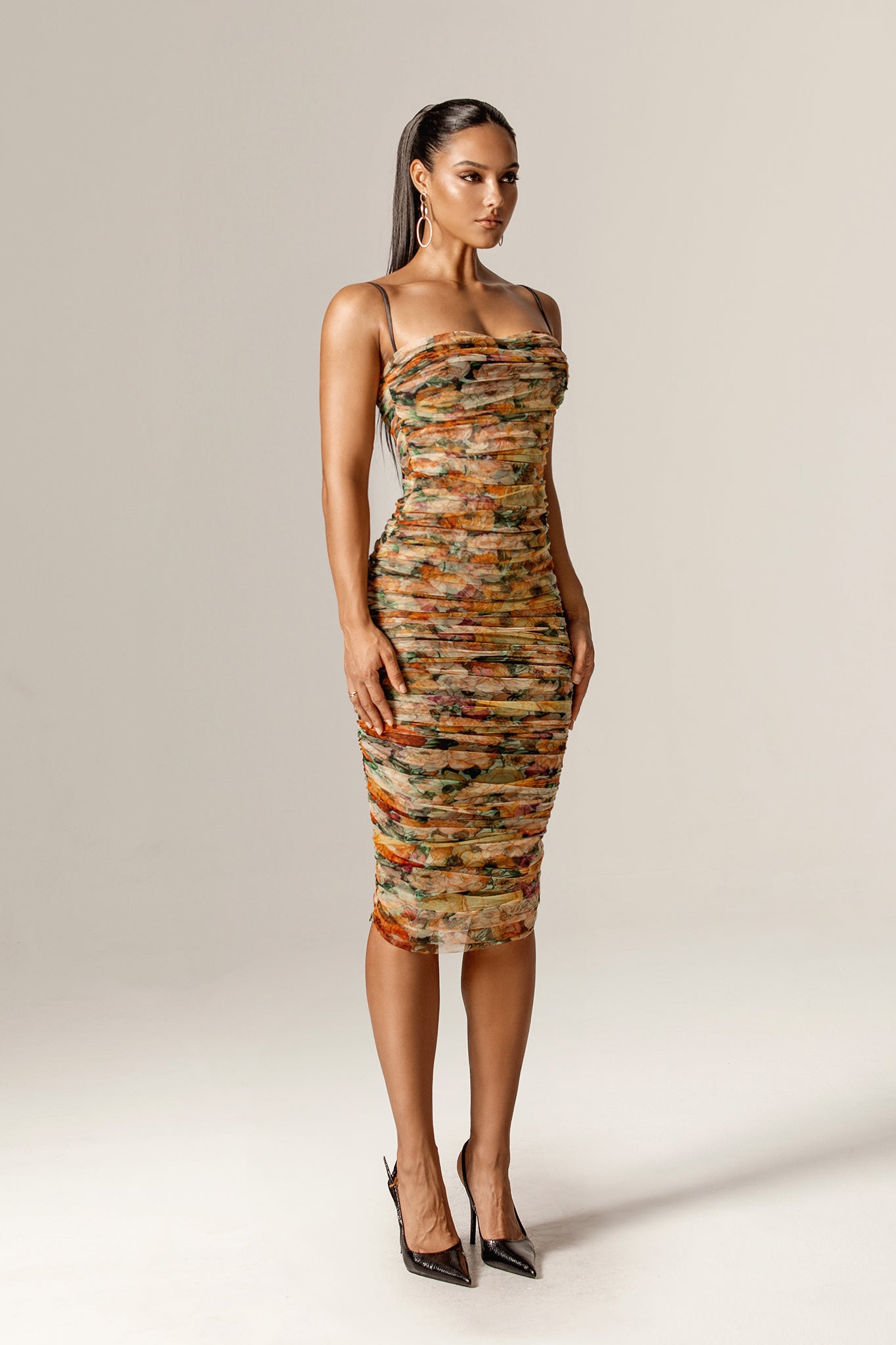 Toira Ruched Mesh Midi Dress (Sunburst Floral)