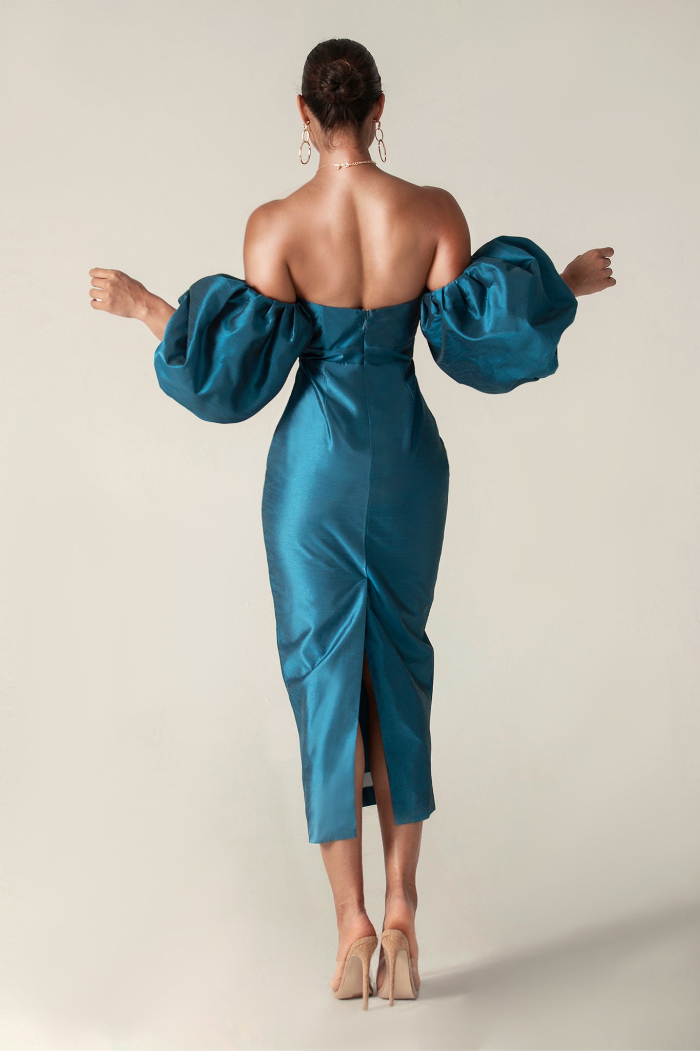 Tiffany Dupioni Puff Sleeve Maxi Dress (Royal Blue)