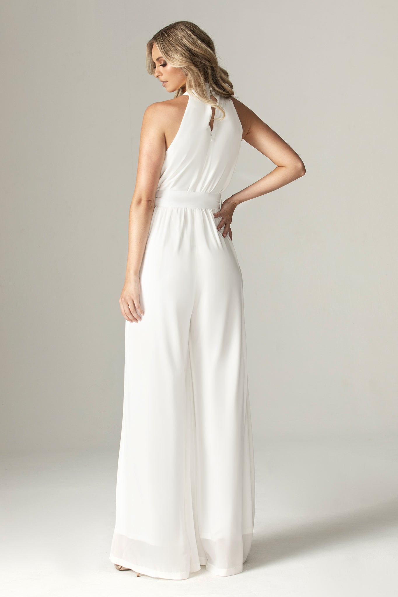 Fadia Chiffon Wide Leg Belted Jumpsuit (Off White)