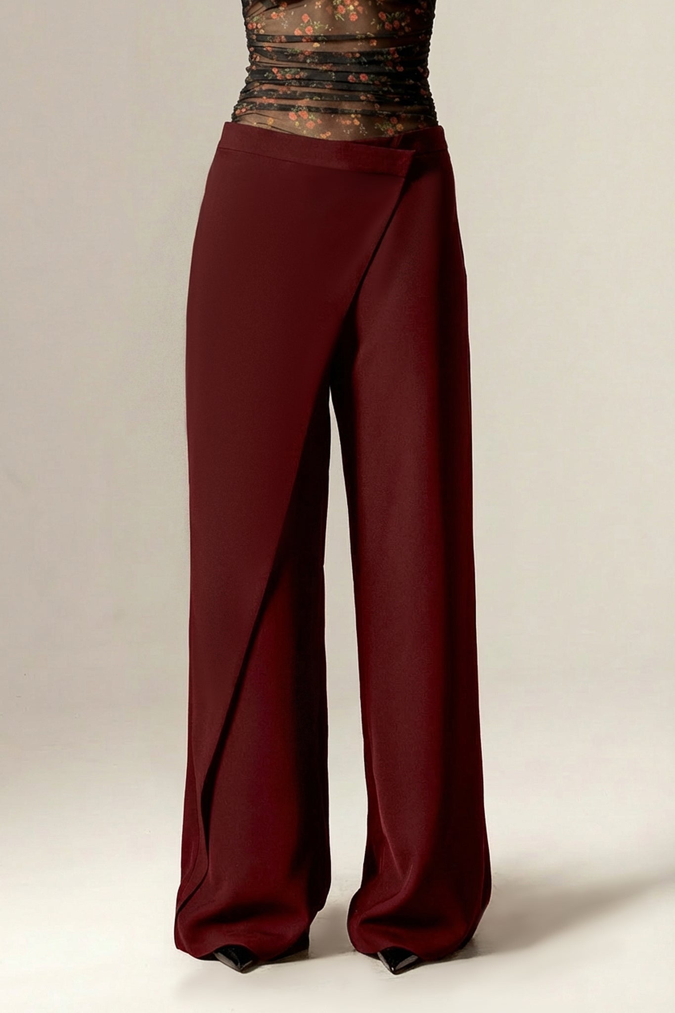 Mila Draped Wide-Leg Crepe Pants (Goth Red)