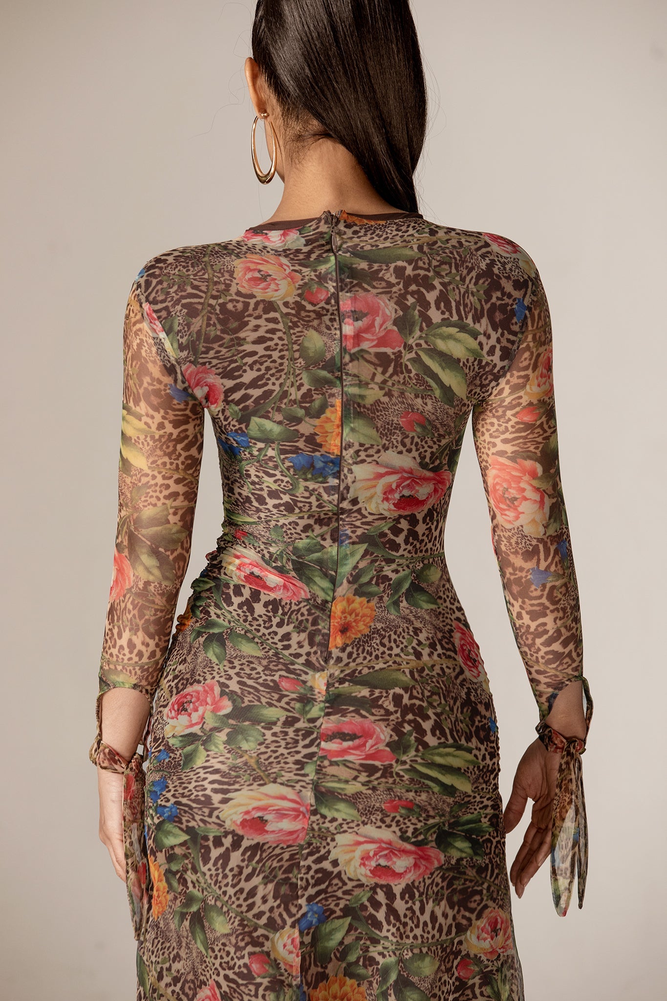 Noelle Mesh Cutout Midi Dress (Leopard's Peony)