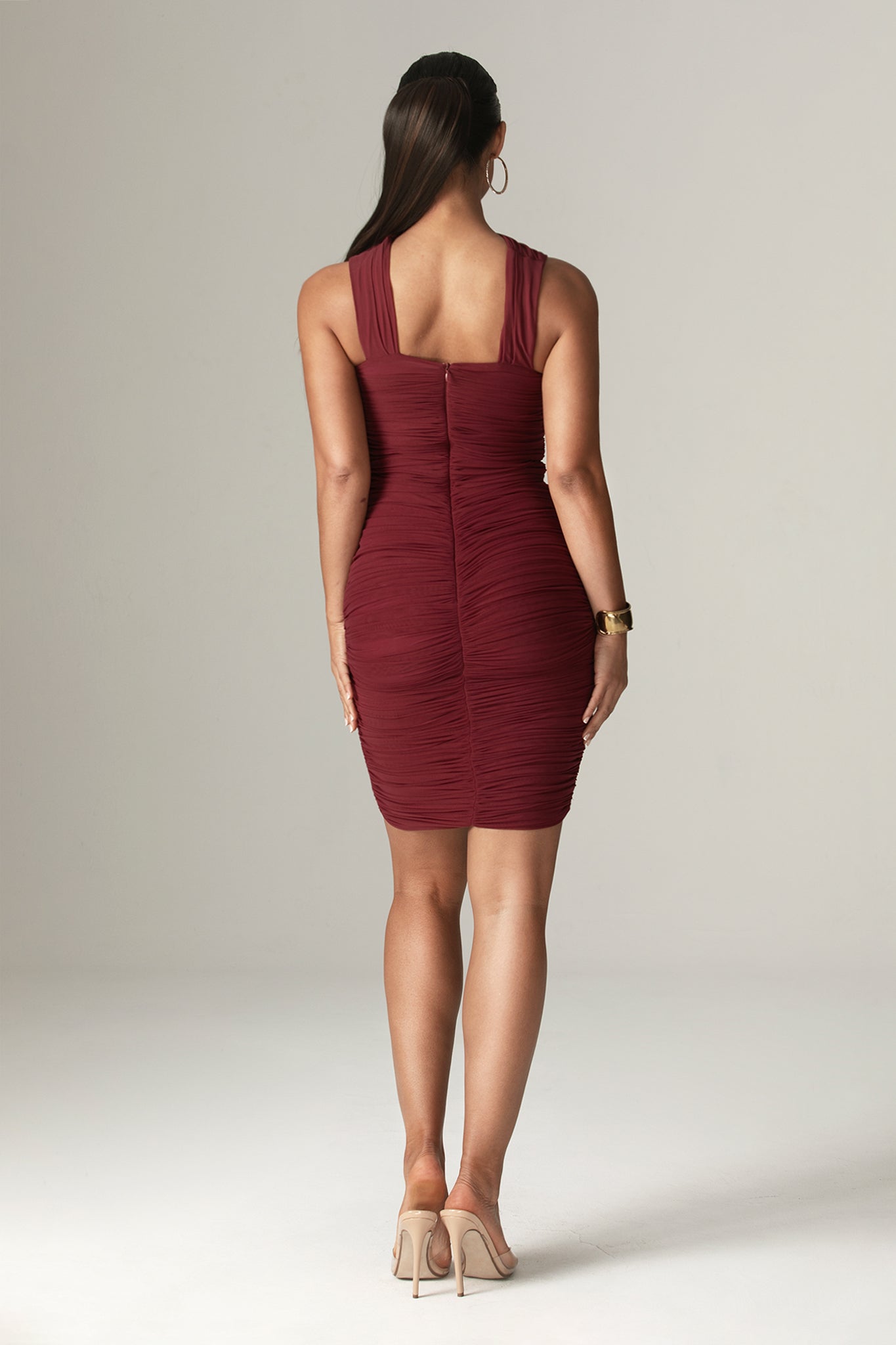 Bellucci Pleated Shawl Neckline Ruched Midi Dress (Burgundy)