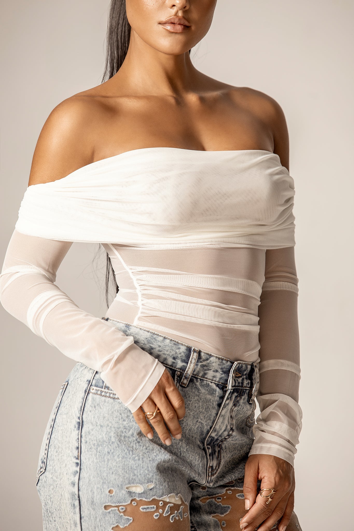 Regina Draped Off-Shoulder Mesh Top (Off White)