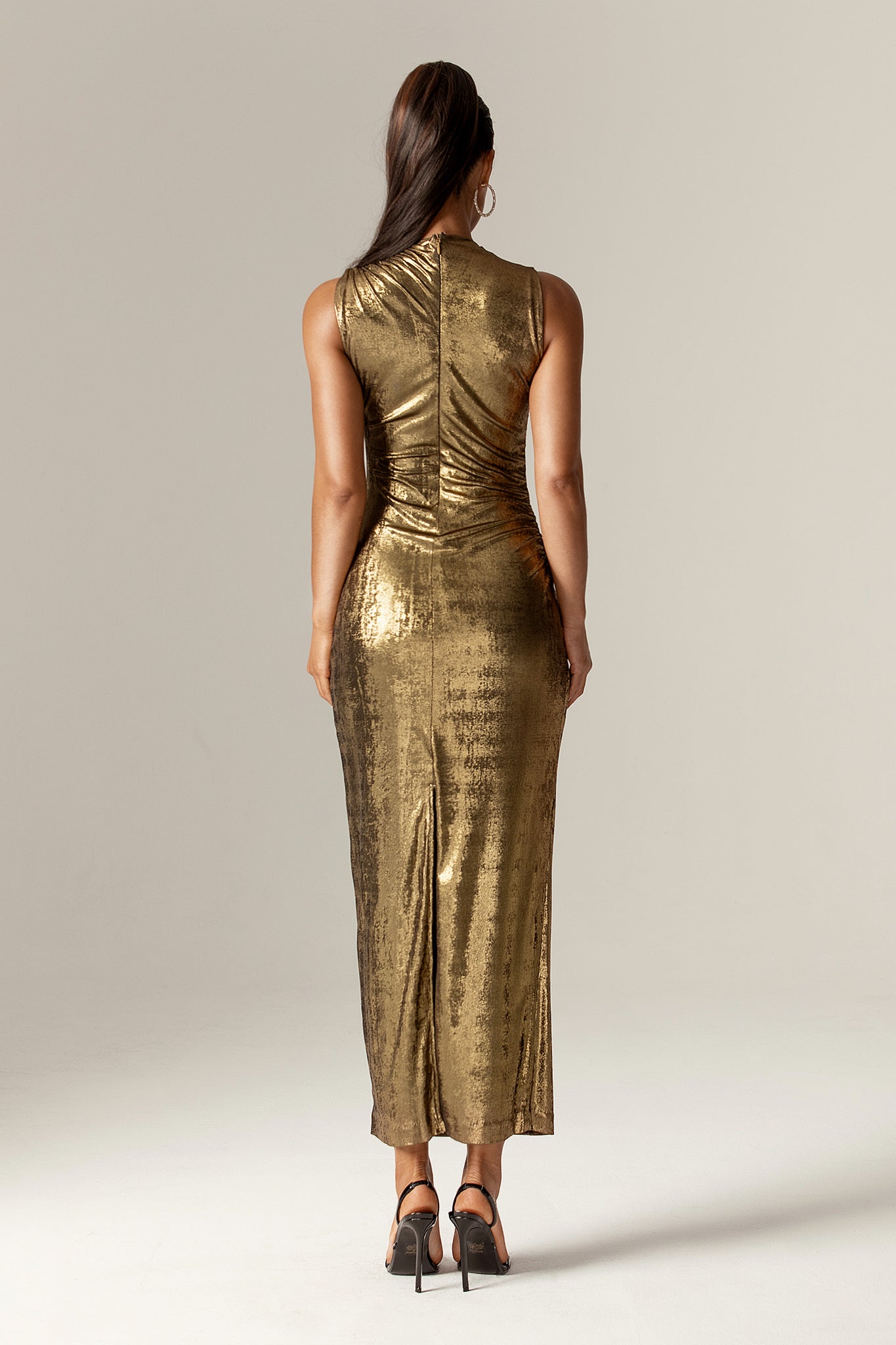 Doreena Metallic Ruched Maxi Dress (Gold)