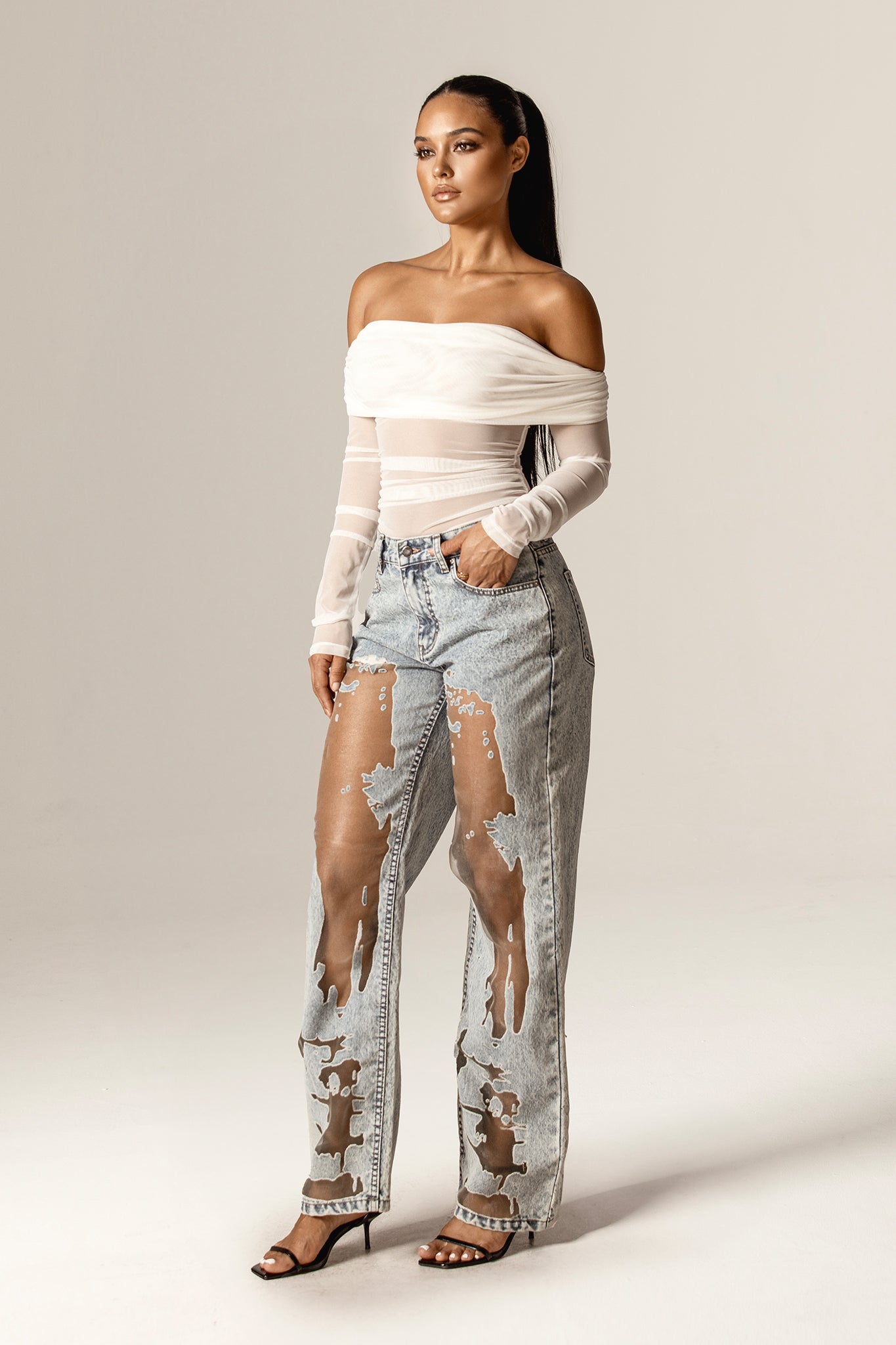 Tula Sheer Panel Wide-Leg Jeans (Antique Wash)