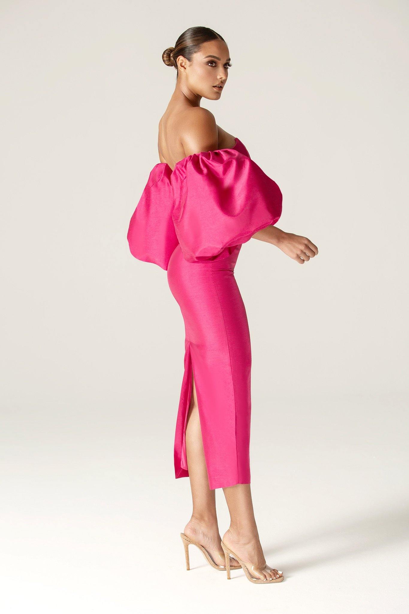 Tiffany Dupioni Puff Sleeve Maxi Dress (Hot Pink)