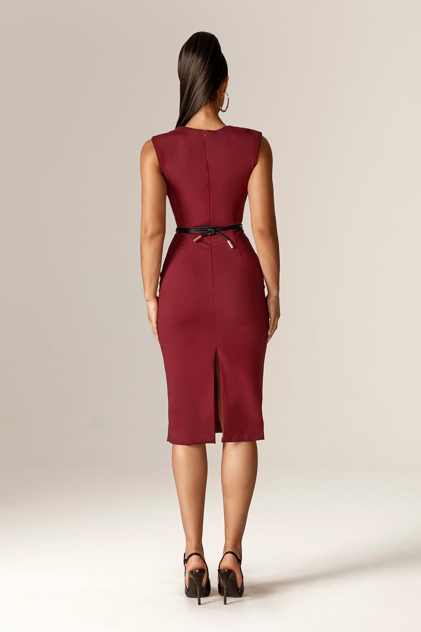Luna Draped Shoulder Cutout Midi Dress (Burnt Maroon)