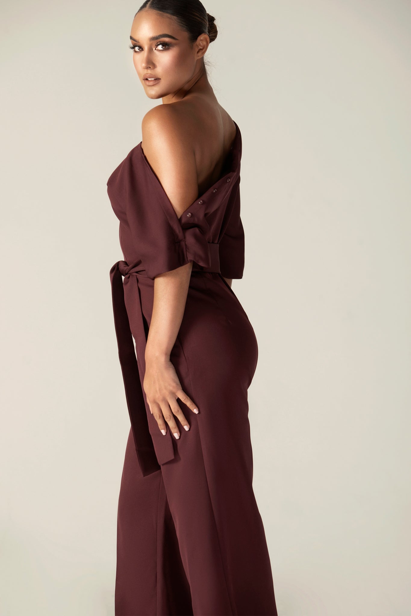 Ana Off Shoulder Belted Jumpsuit (Black Cherry)