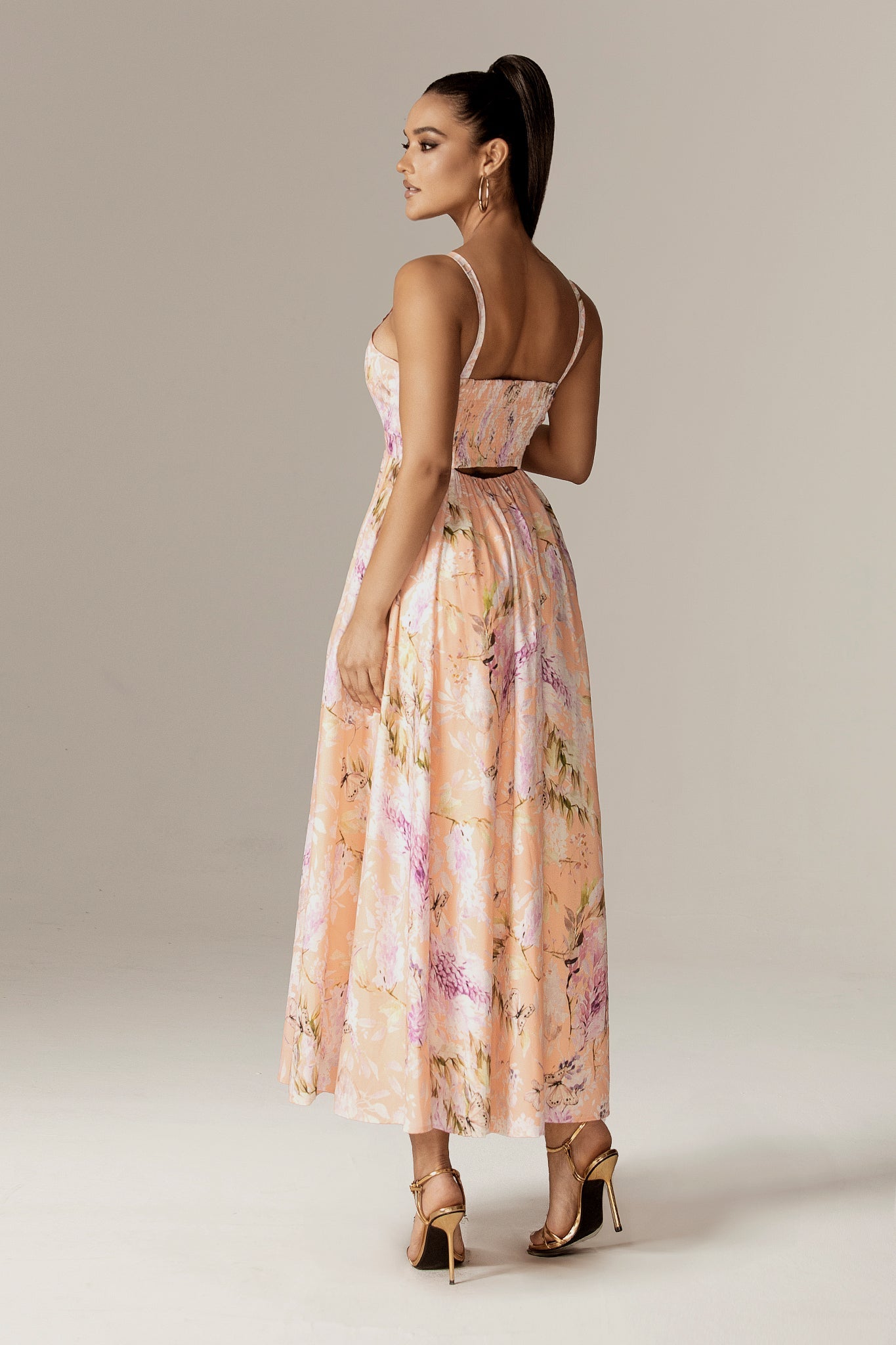 Sione Cutout Midi Dress (Coral Butterfly Meadow)
