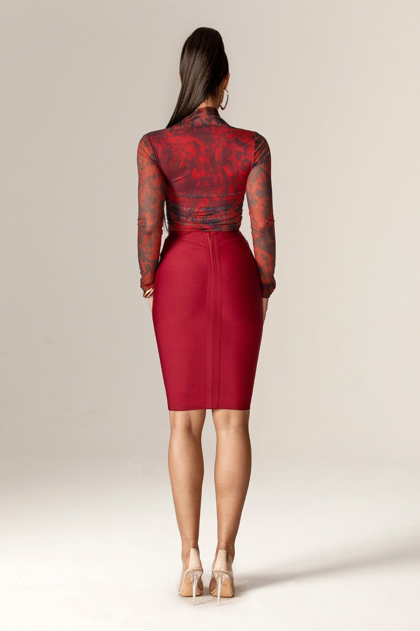 Agron Long Sleeves Mesh Top (Wine Burnout Floral)