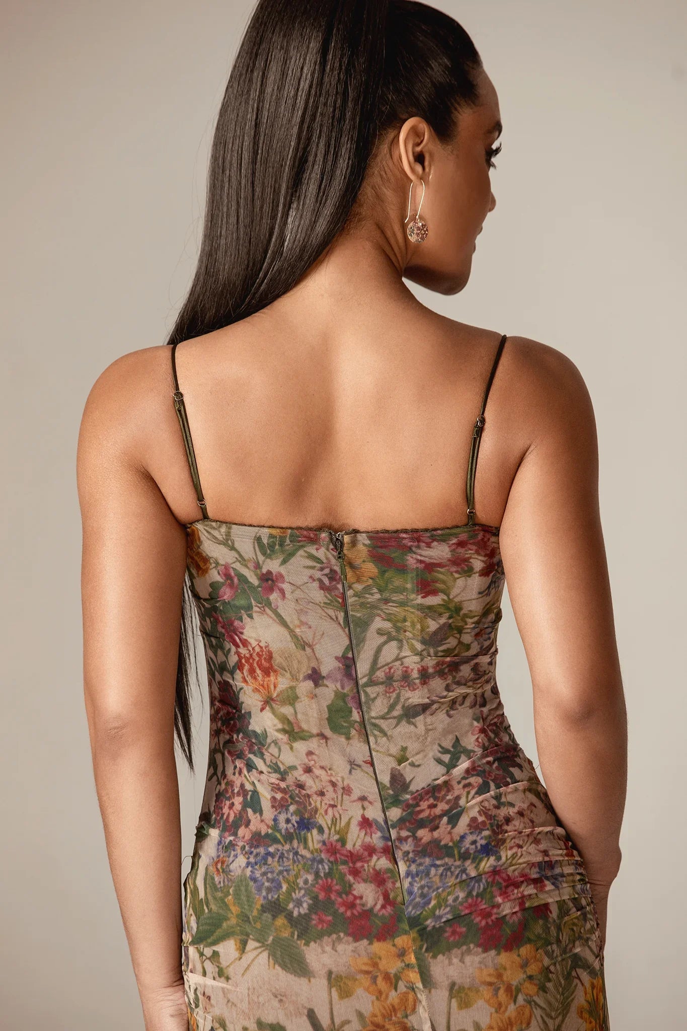 Evita Ruched Mesh Corset Maxi Dress (Garden Muse)
