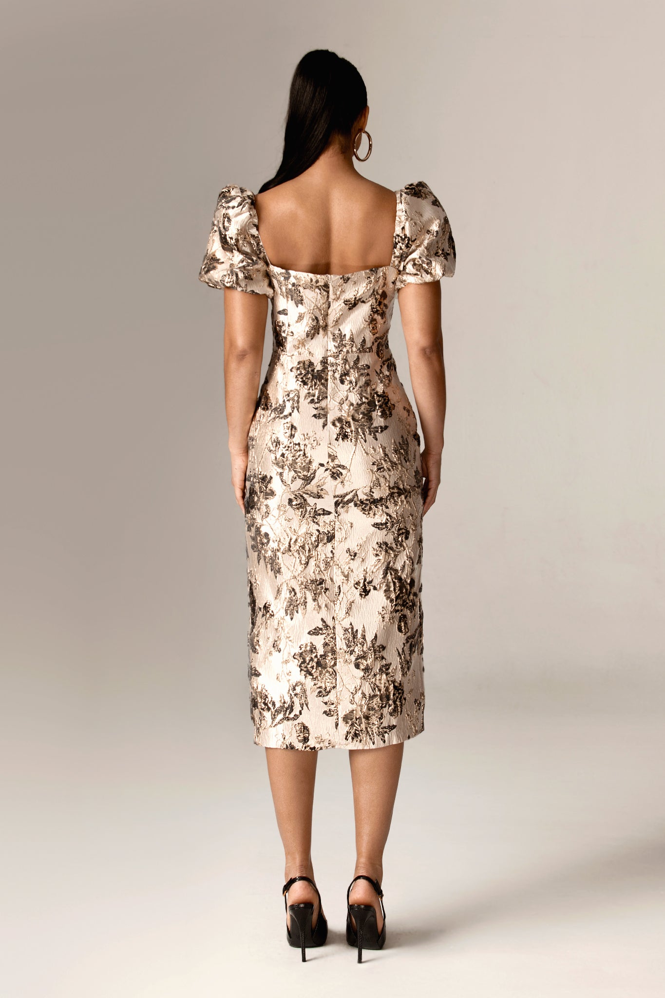 Neddra Jacquard Midi Dress (Gold Floral)