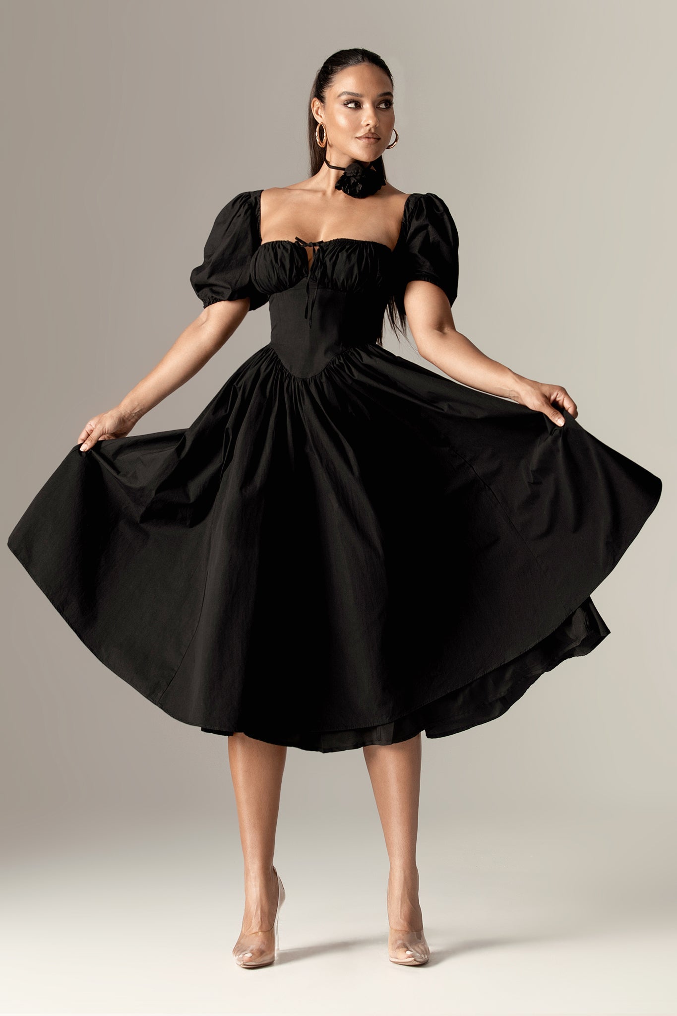 Lynette Cotton Bustier Midi Sundress (Black)
