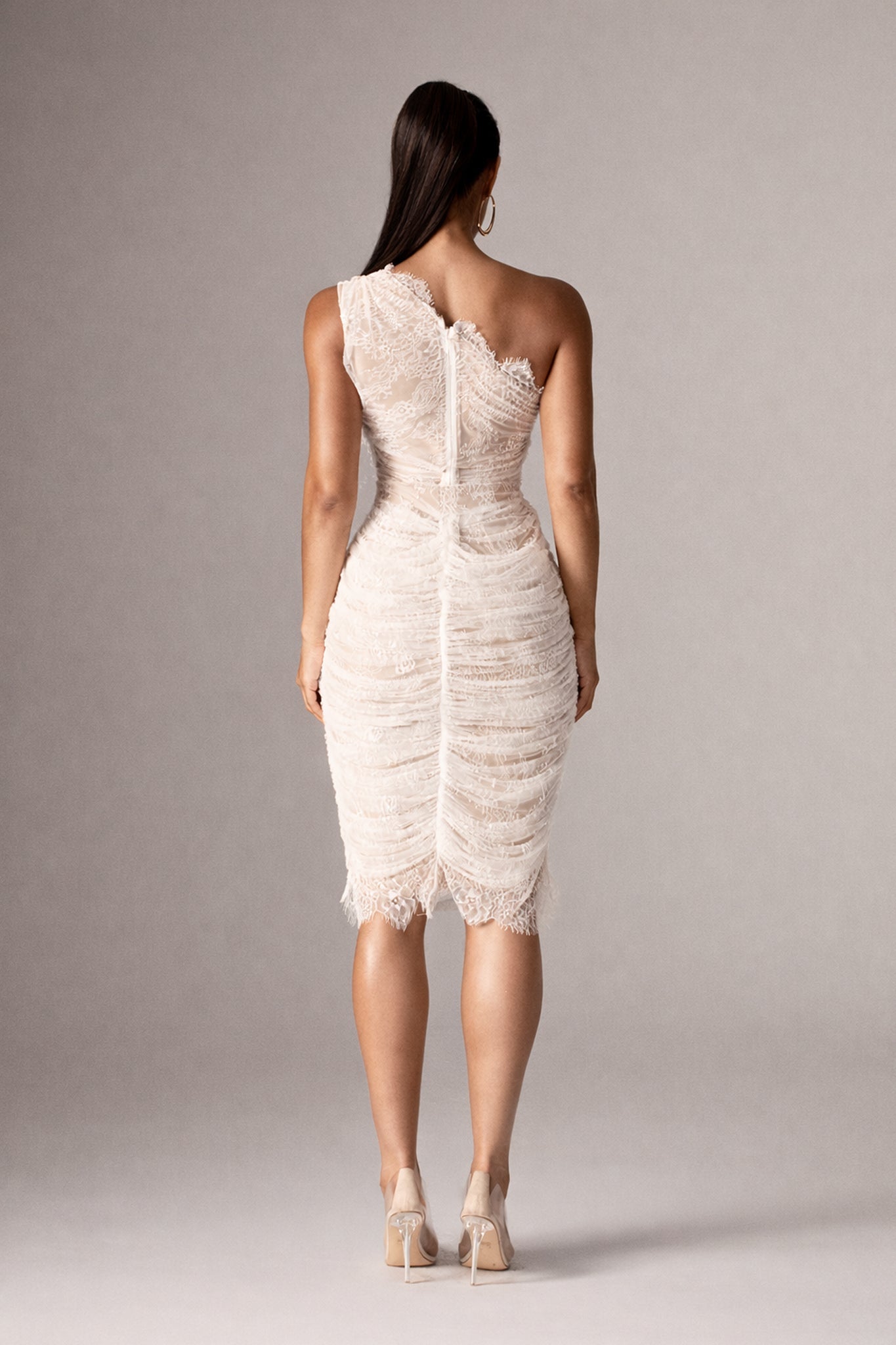 Fatima Lace Ruched Midi Dress (Off White)