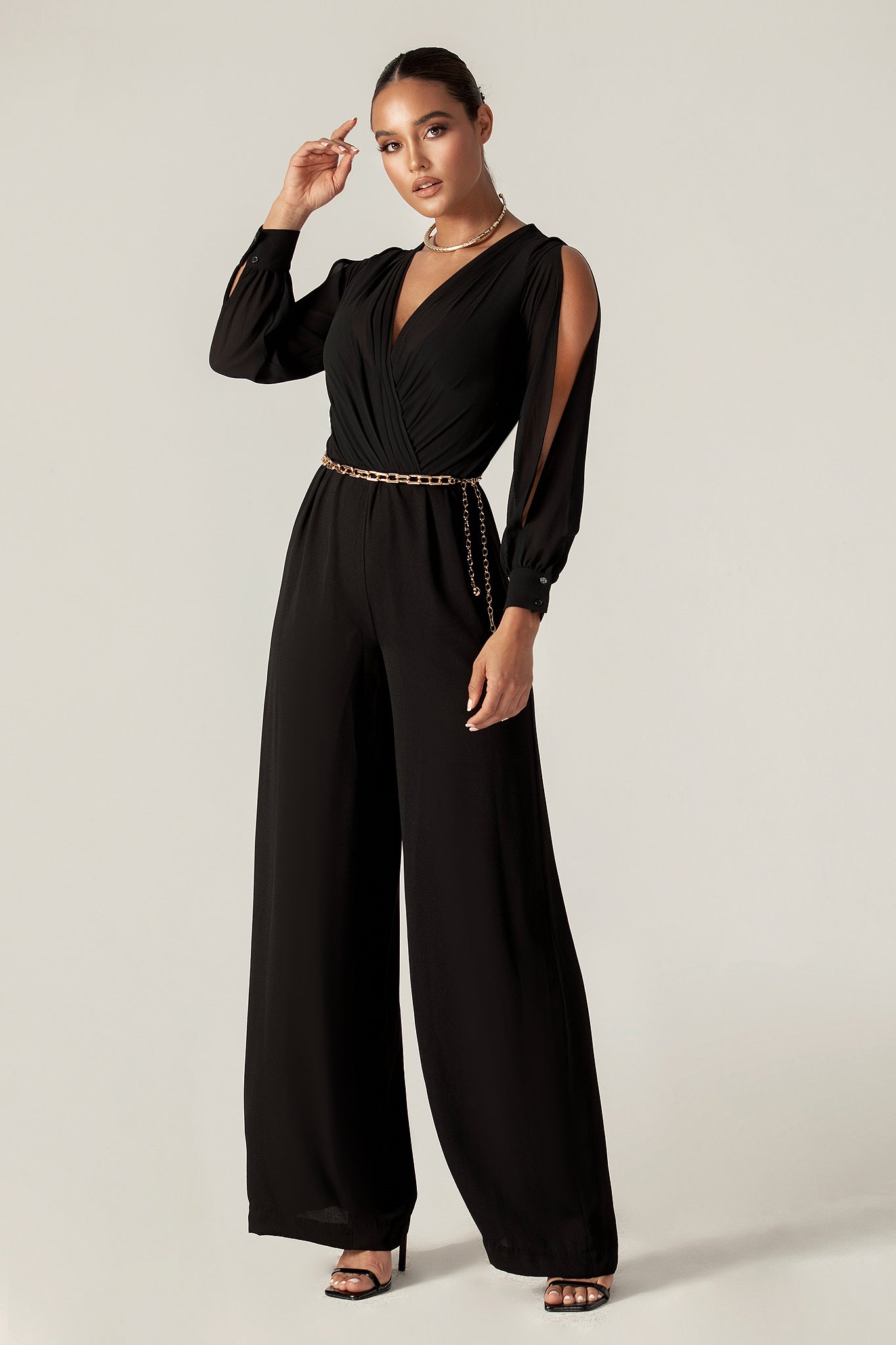 Serah Crepe Slit Sleeves Jumpsuit (Black)