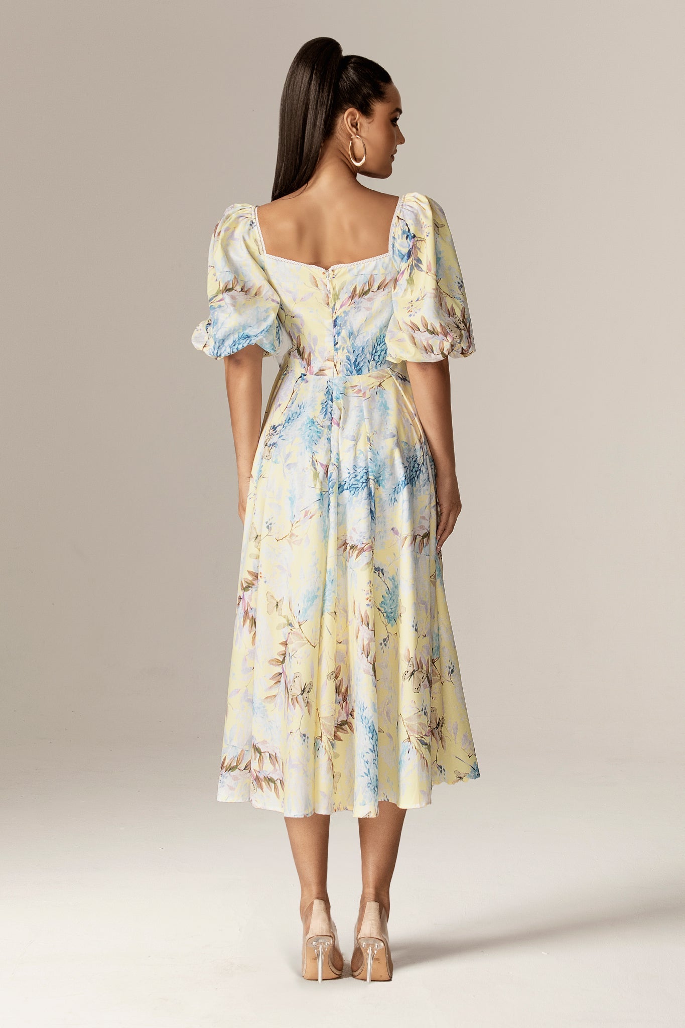 Daryl Crepe Puff Sleeves Midi Dress (Yellow Butterfly Meadow)