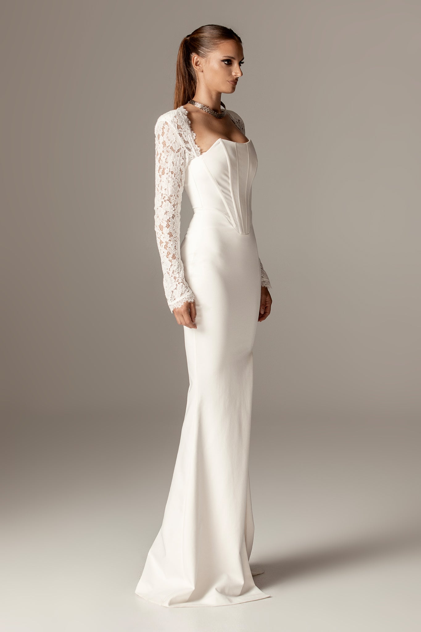 Veva Guipure Lace Corset Maxi Dress (Off White)