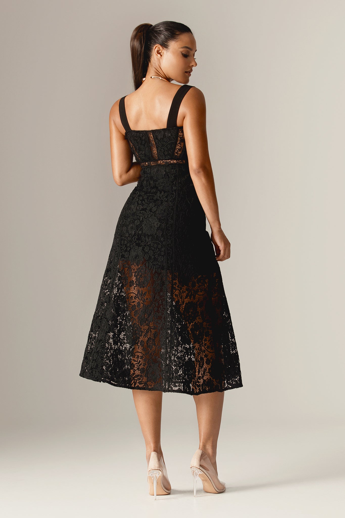 Harley Straps Lace Guipure Midi Dress (Black)