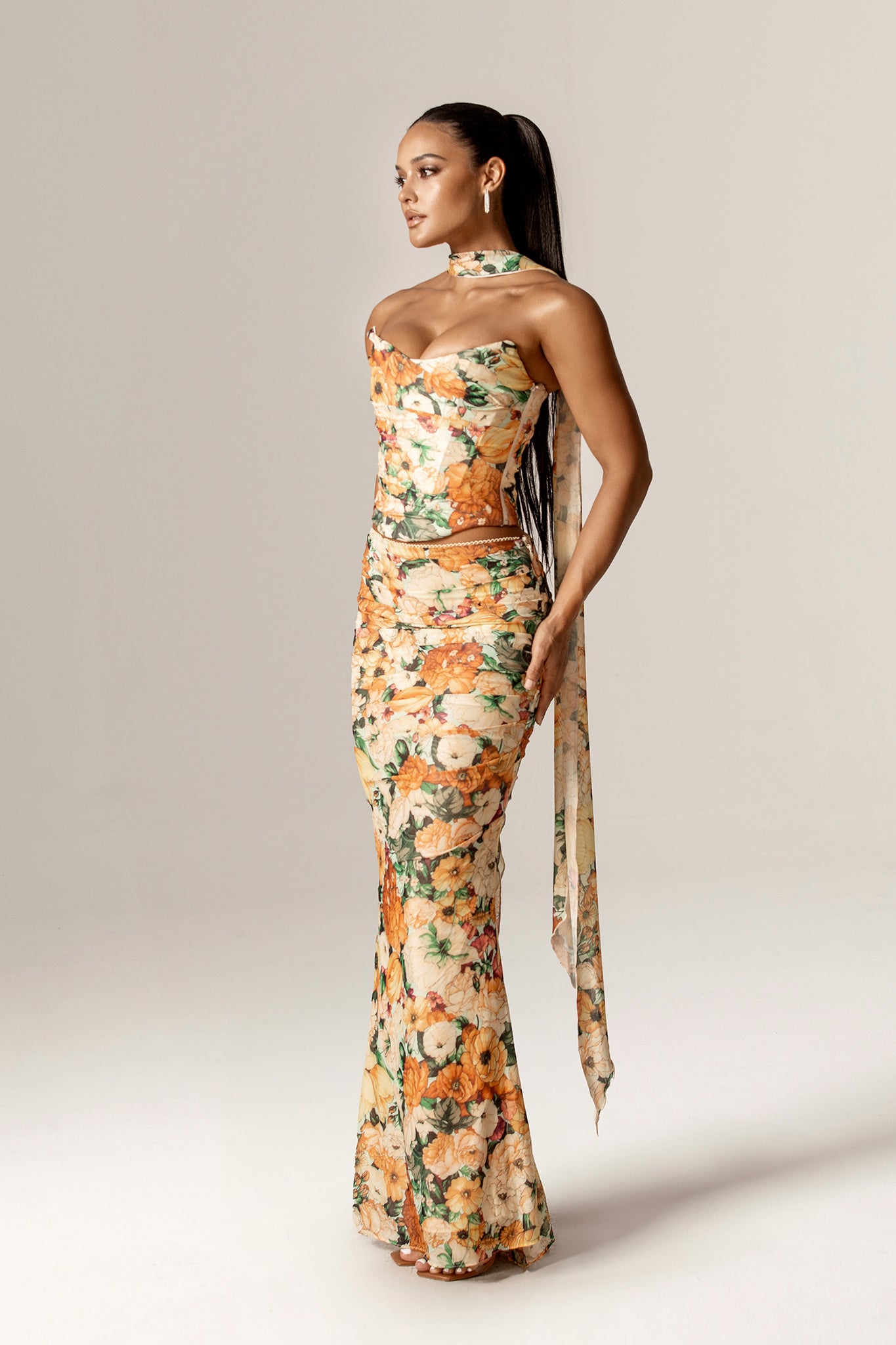 Elsa Ruched Mesh Corset with neck scarf (Sunburst Floral Print)