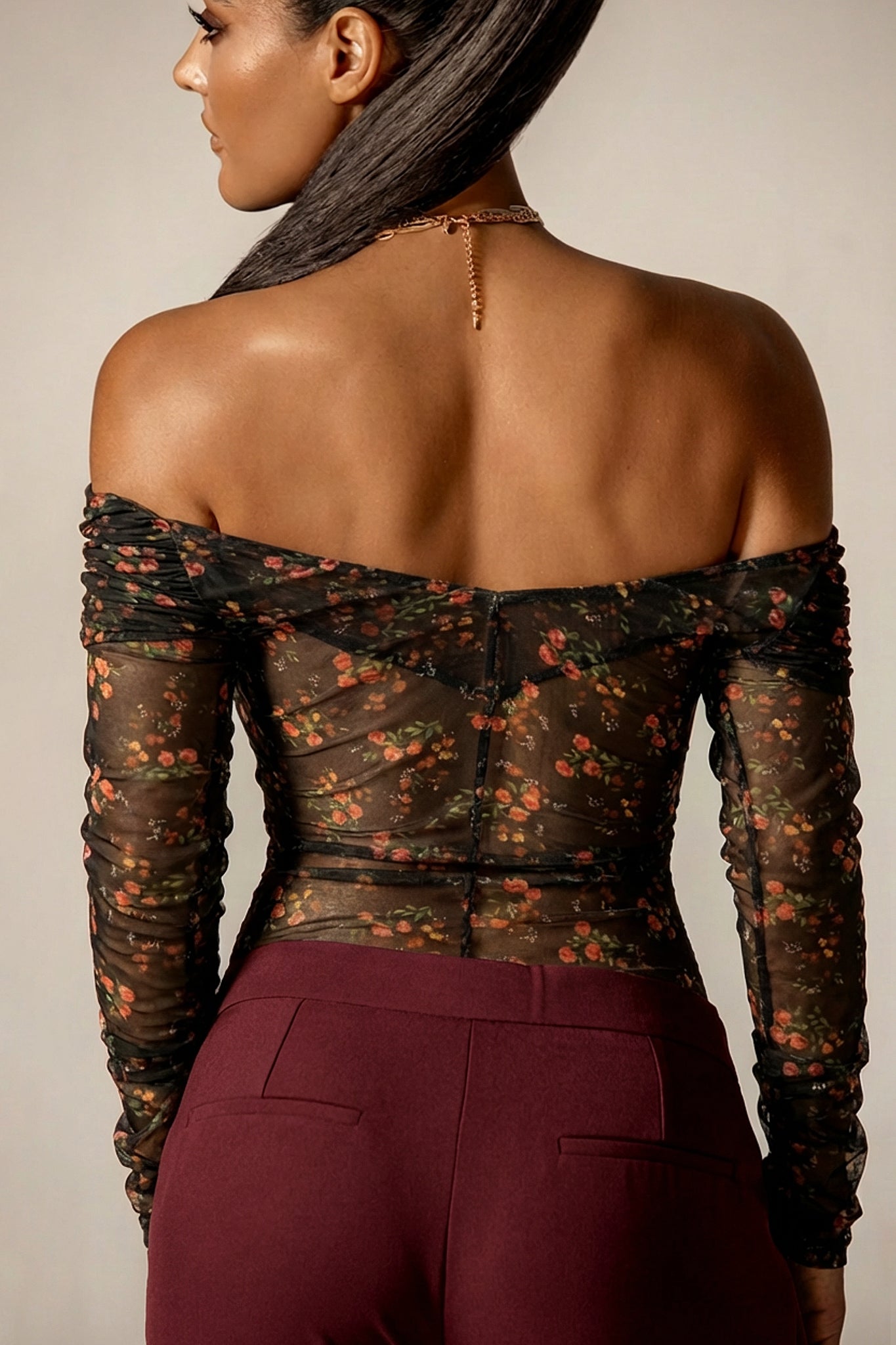 Regina Draped Off-Shoulder Mesh Top (Victorian Rose)