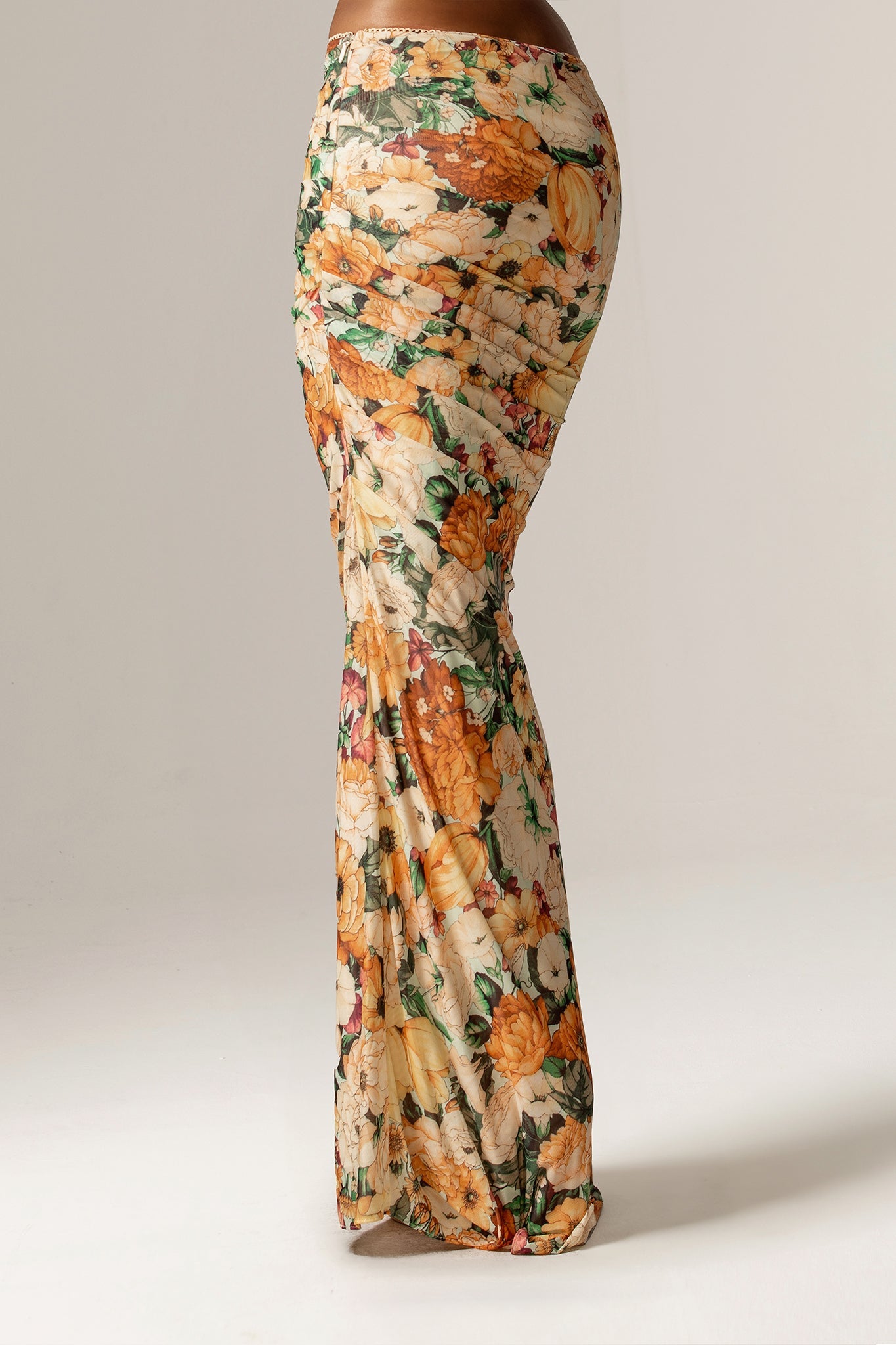 Jenna Ruched Mesh Maxi Skirt (Sunburst Floral Print)