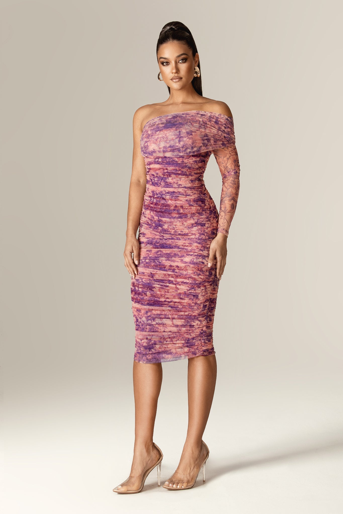 Heather One-Shoulder Mesh Midi Dress (Floral Abstract)