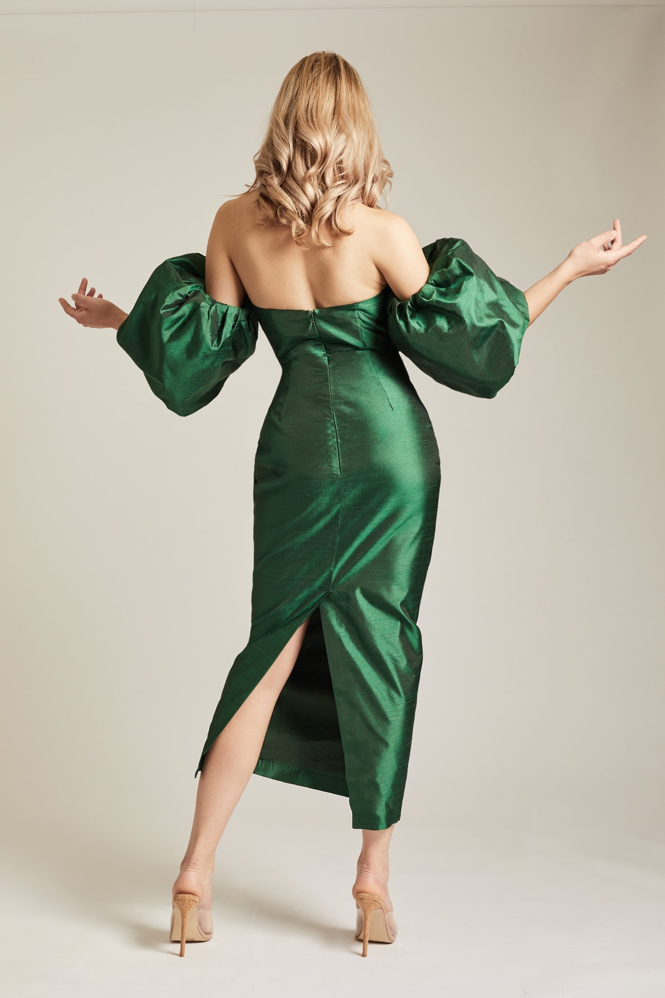 Tiffany Dupioni Puff Sleeve Maxi Dress (Emerald Green)