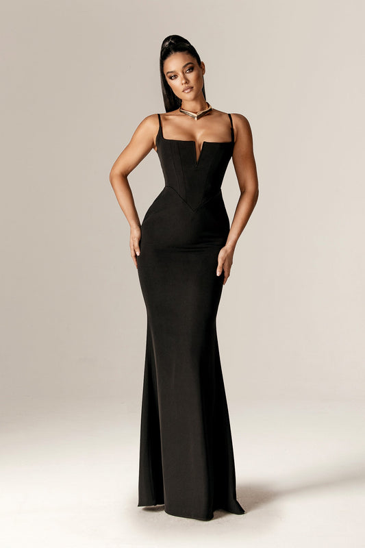 Paulyne Slit Neckline Corset Maxi Gown (Black)