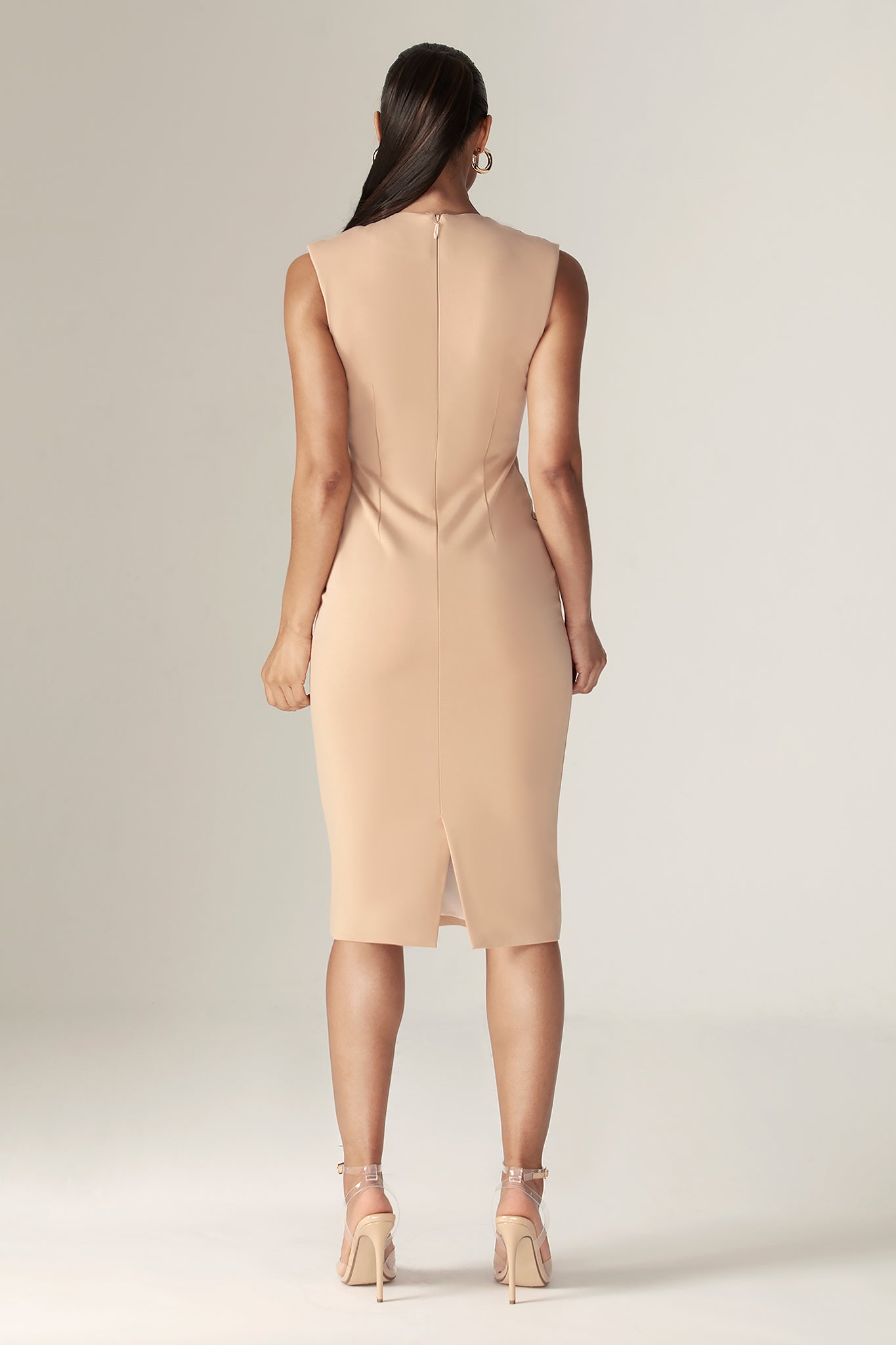 Lianna Deep Slit Neckline Midi Dress (Khaki)