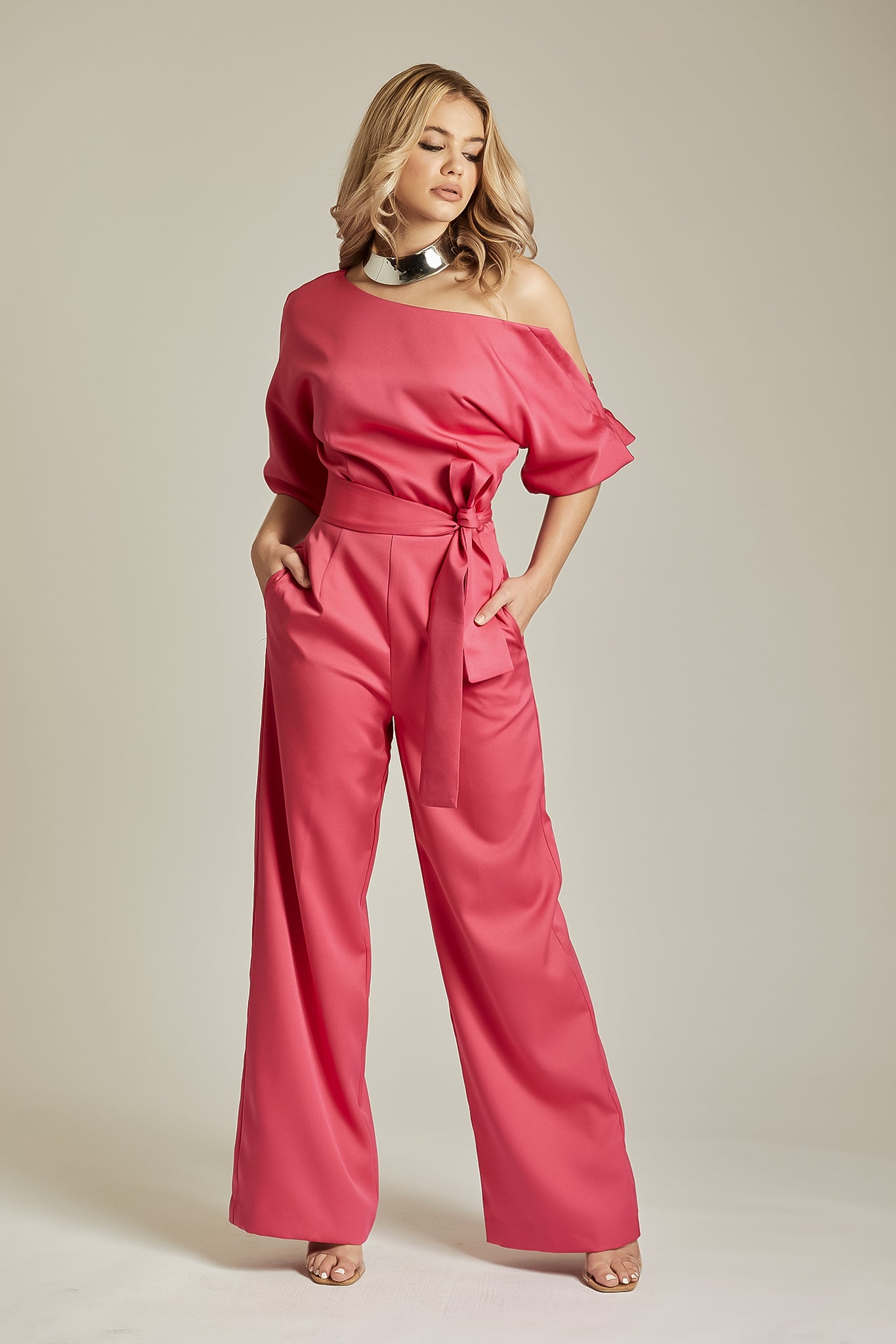 Ana Off Shoulder Belted Jumpsuit (Pink)