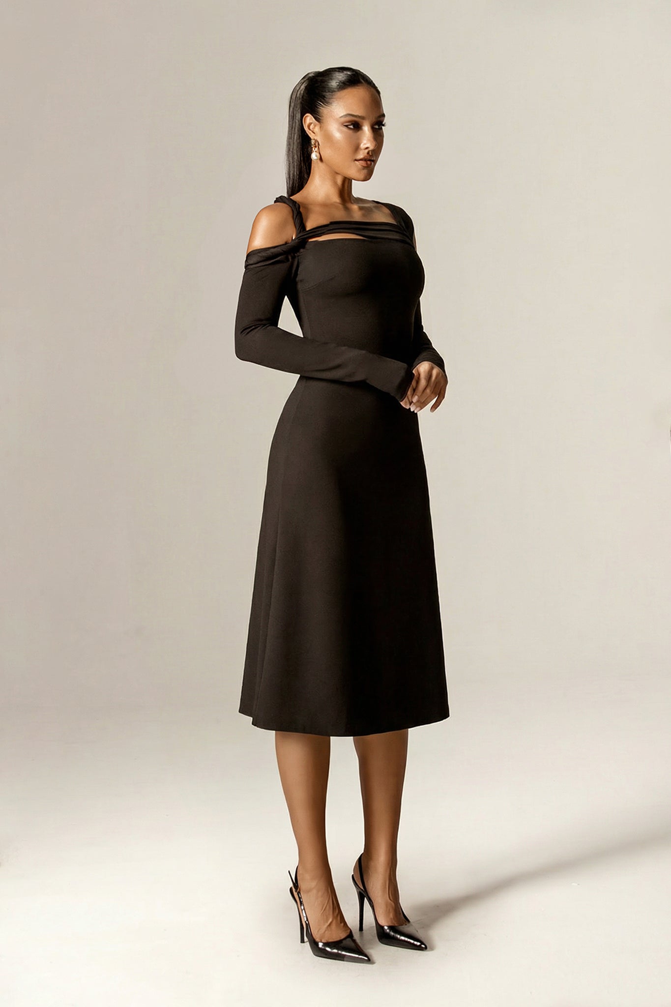 Deborah Asymmetric Cut-Out Ponte Midi Dress (Black)