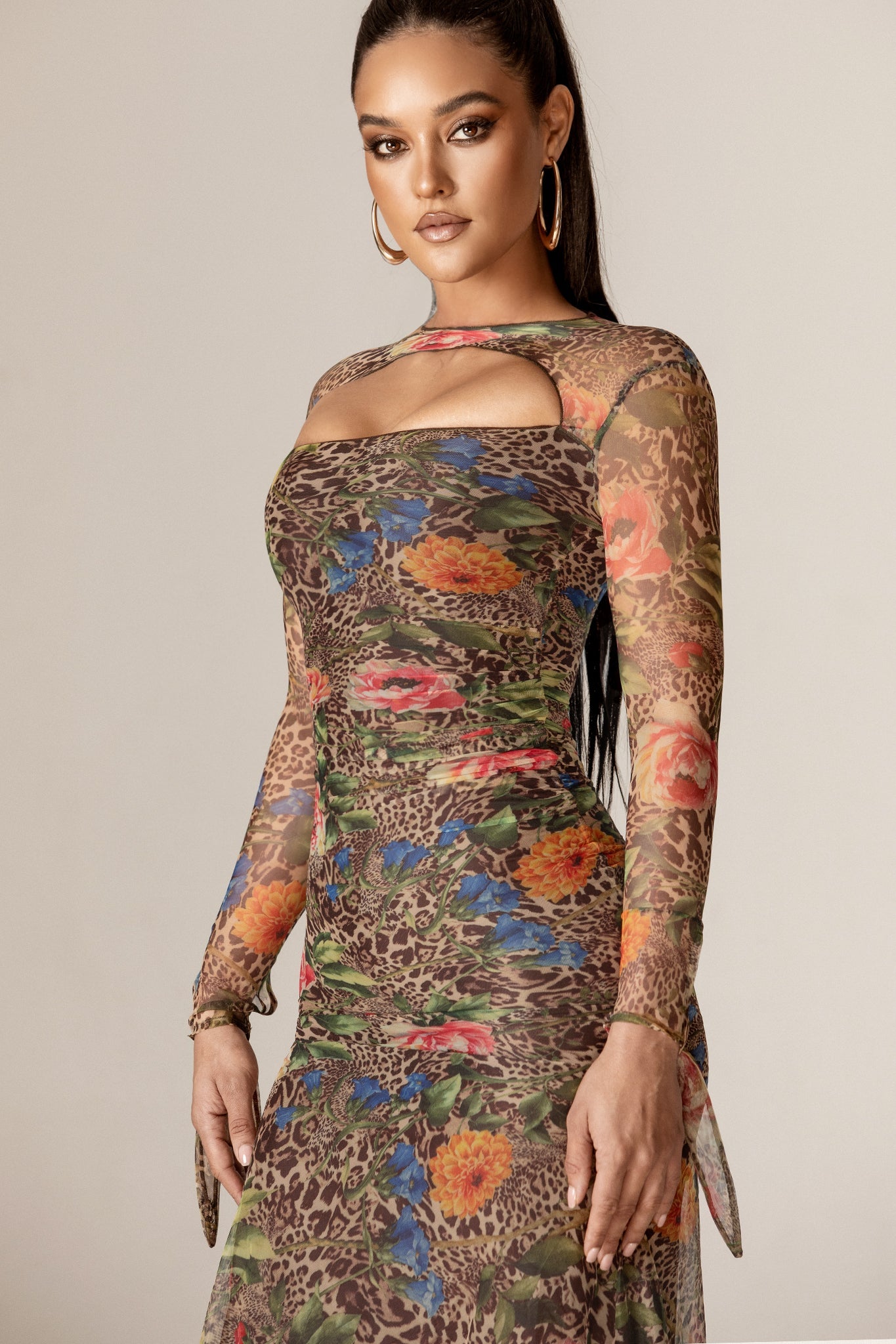 Noelle Mesh Cutout Midi Dress (Leopard's Peony)