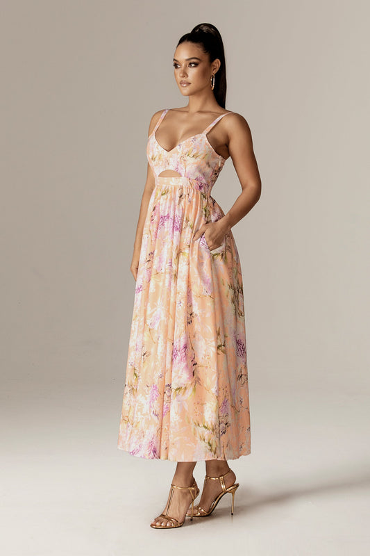 Sione Cutout Midi Dress (Coral Butterfly Meadow)