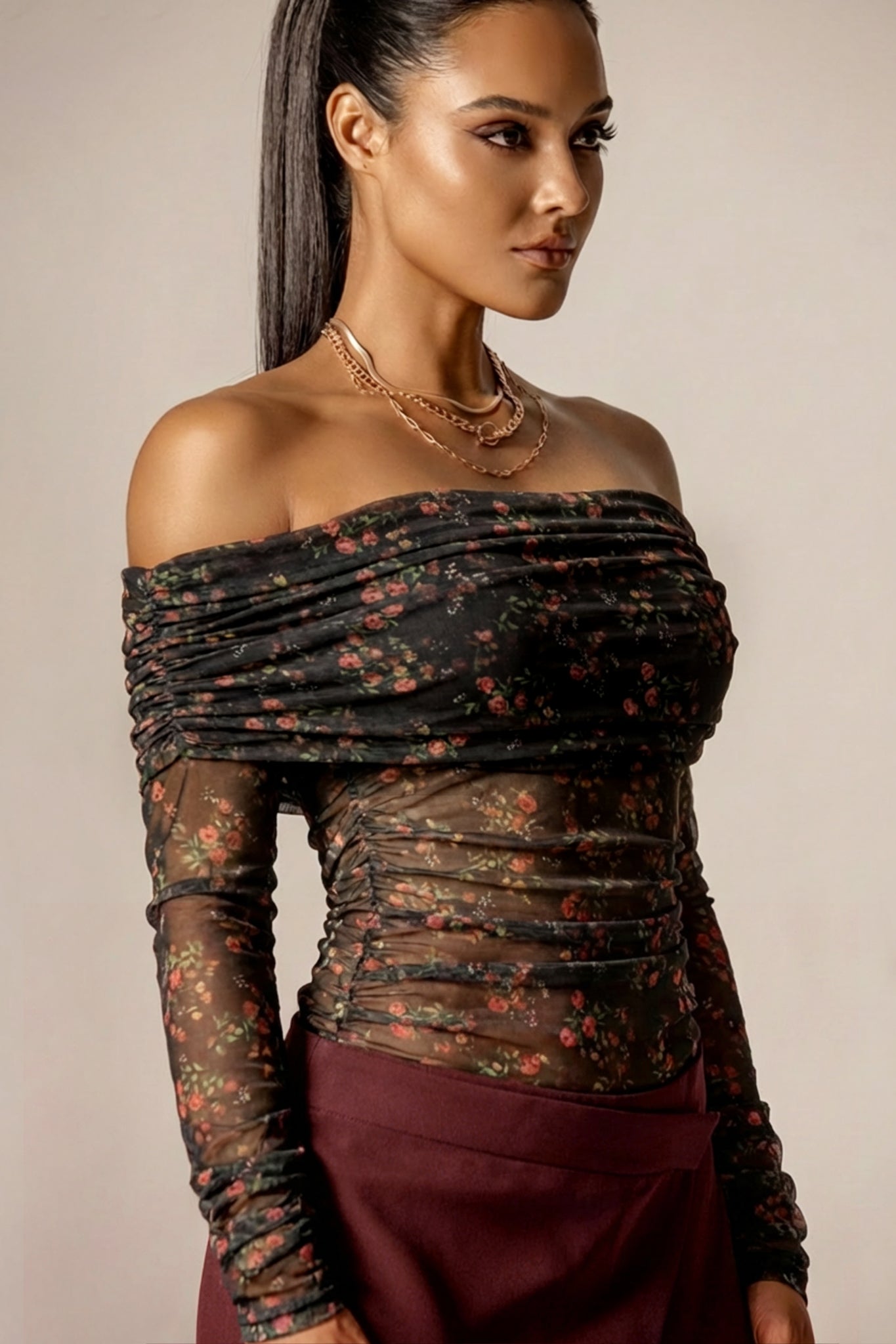 Regina Draped Off-Shoulder Mesh Top (Victorian Rose)