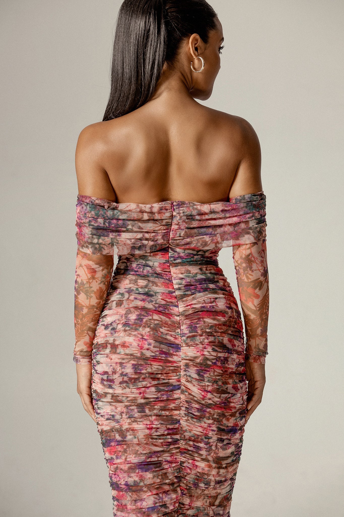 Hayley Off-Shoulder Mesh Midi Dress (Crimson Garden)