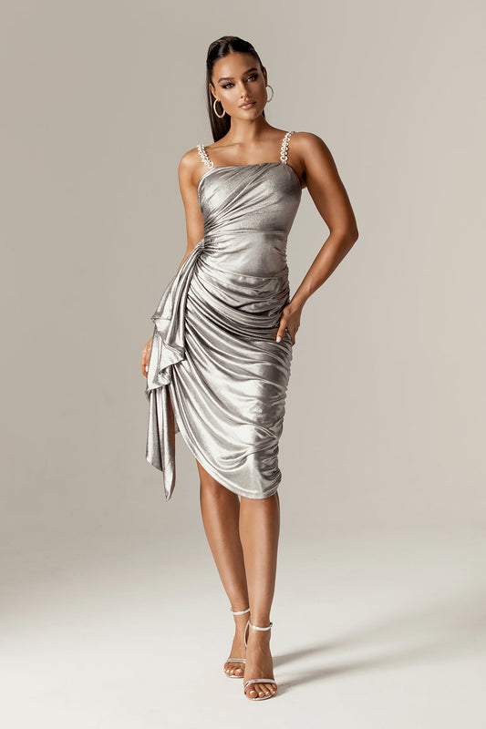 Sandra Metallic Ruched Straps Midi Dress (Metallic Shimmer)