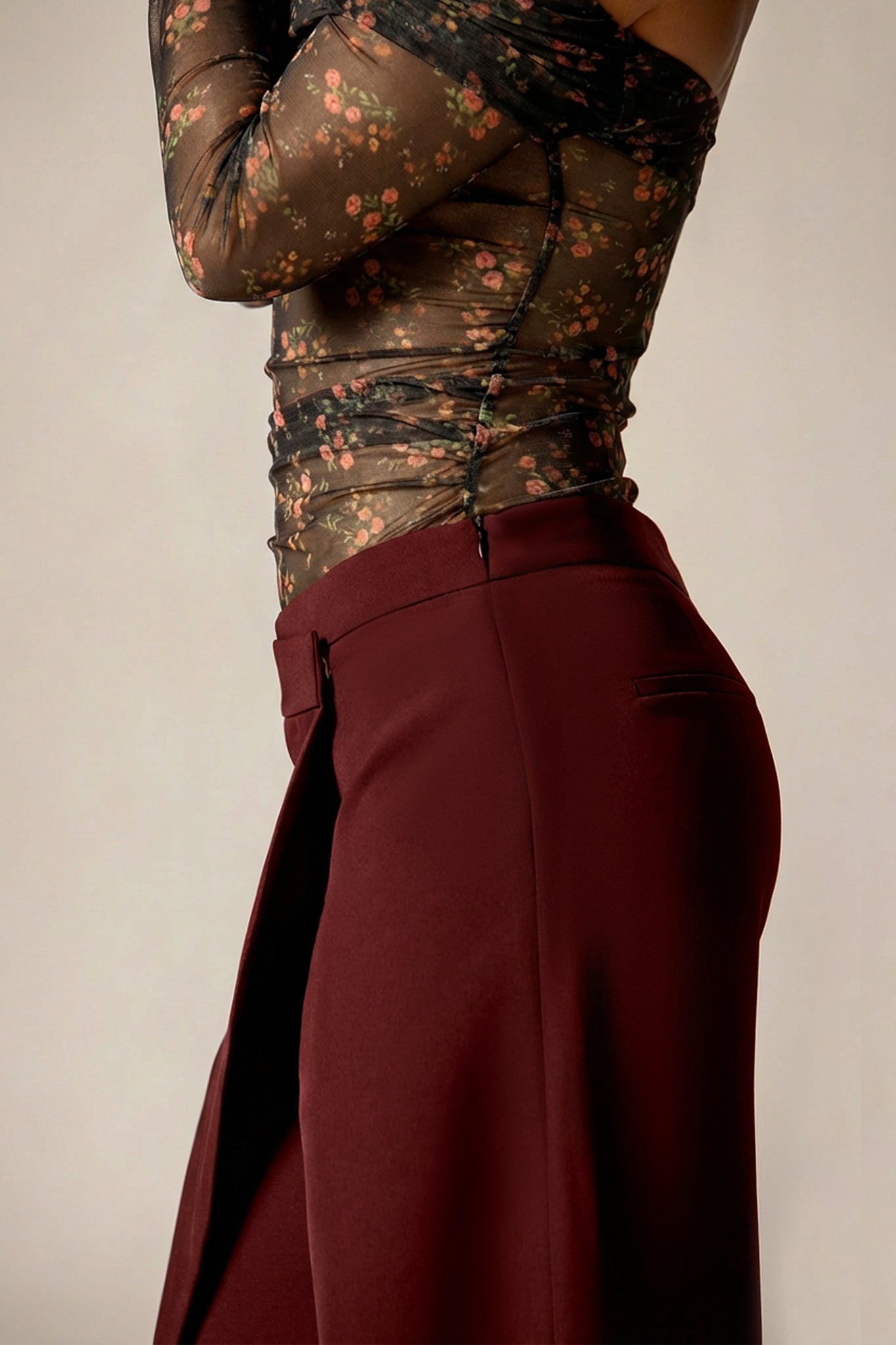 Mila Draped Wide-Leg Crepe Pants (Goth Red)