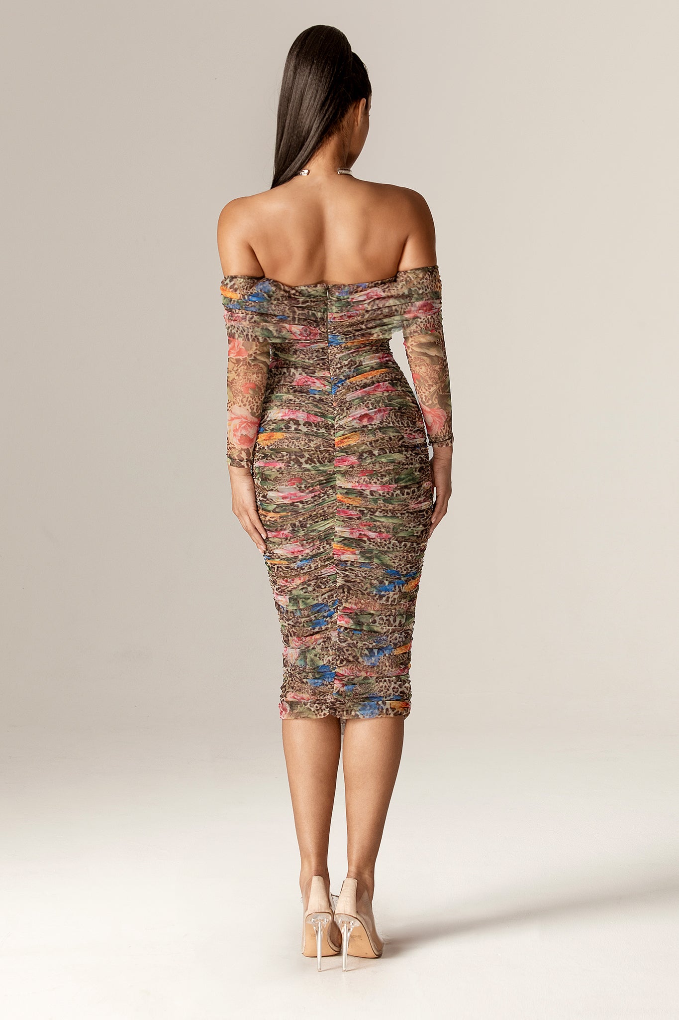 Hayley Off-Shoulder Mesh Midi Dress (Leopard's Peony)