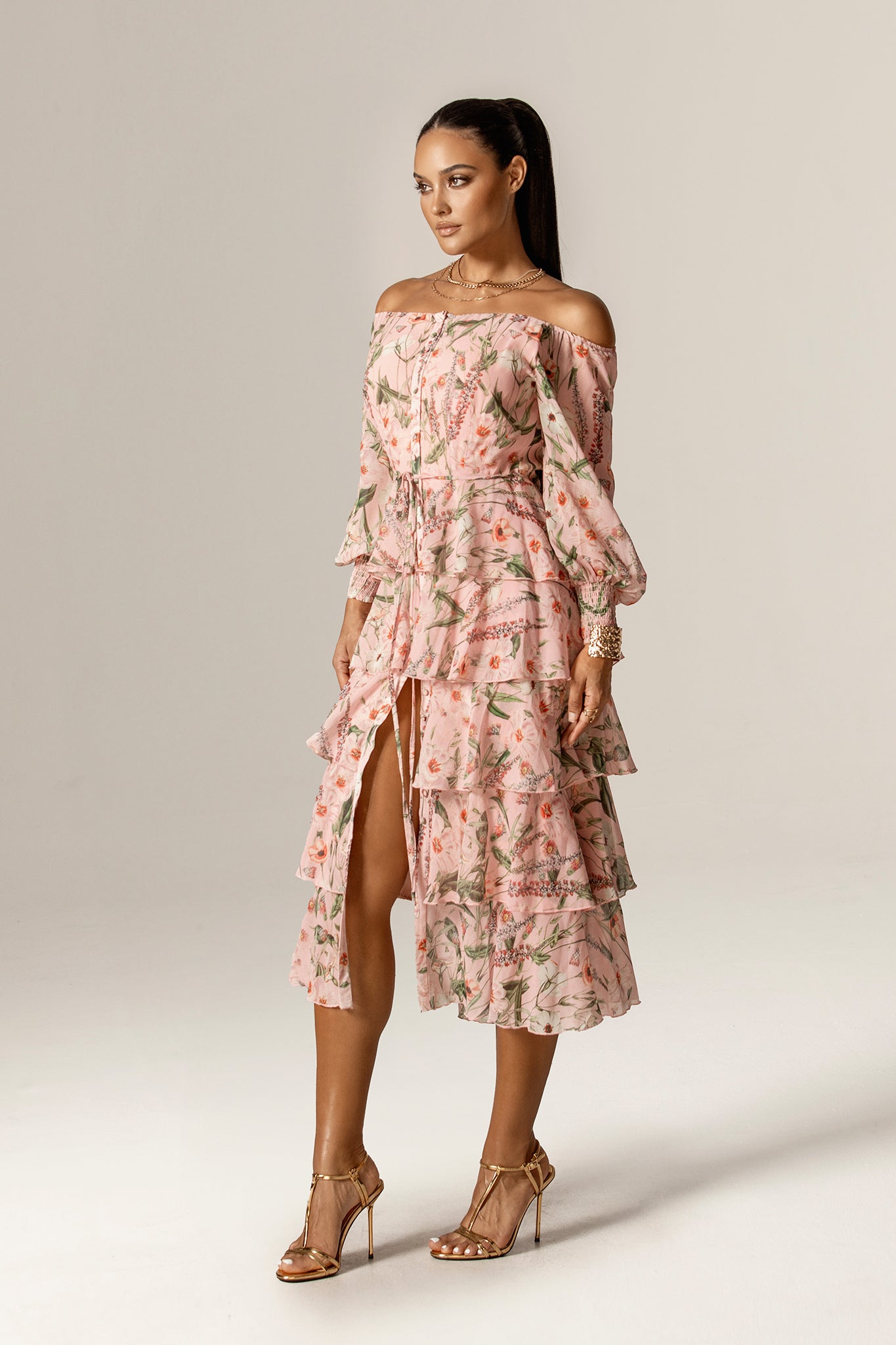 Dorra Off-Shoulder Floral Georgette Chiffon Midi Dress (Rosy Meadow)