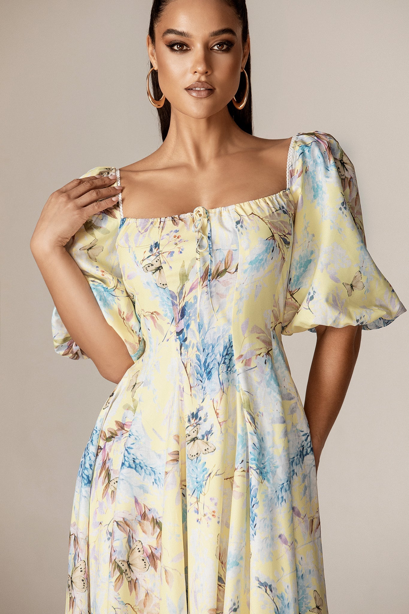 Daryl Crepe Puff Sleeves Midi Dress (Yellow Butterfly Meadow)